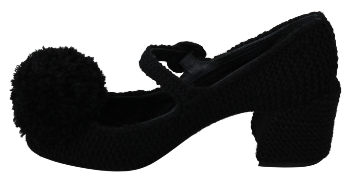 Schwarze Wolle Pom Pom Block Mary Jane Schuhe