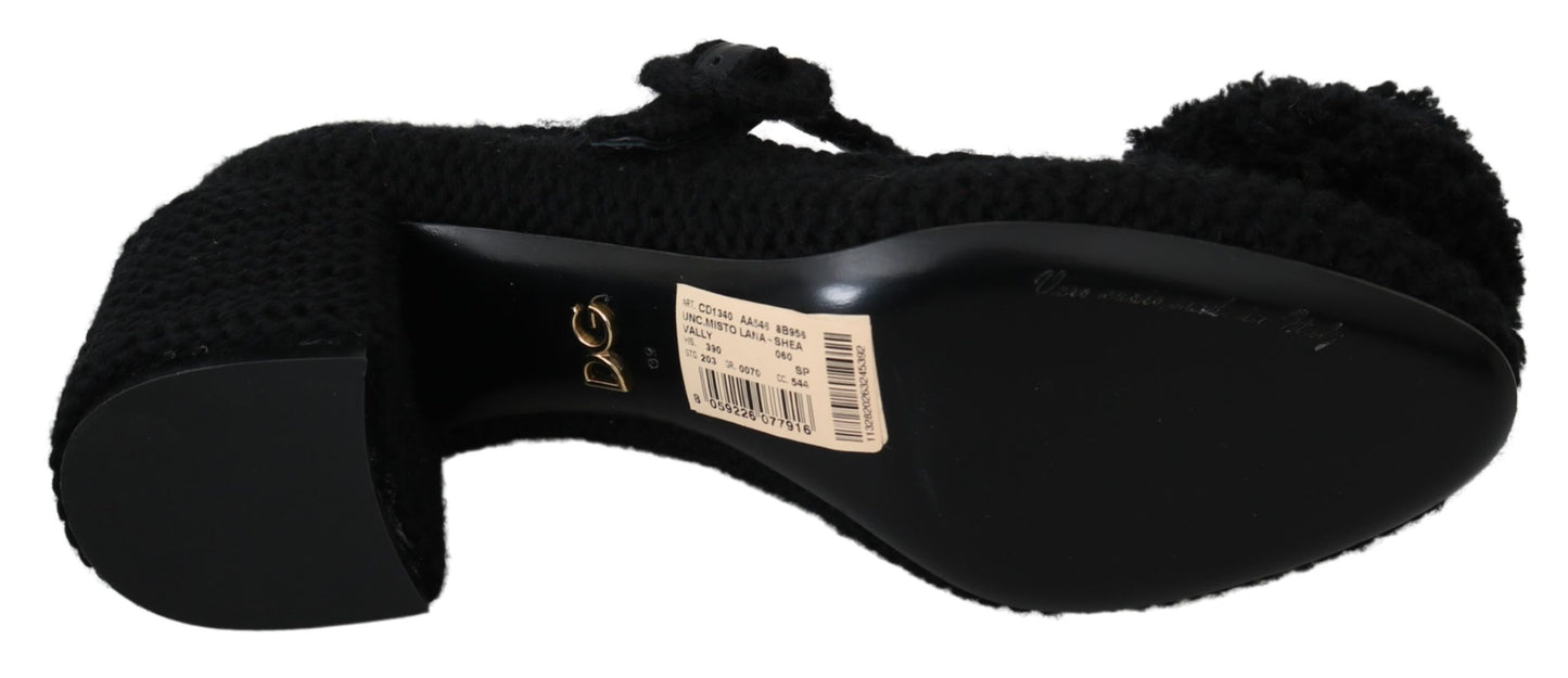 Schwarze Wolle Pom Pom Block Mary Jane Schuhe