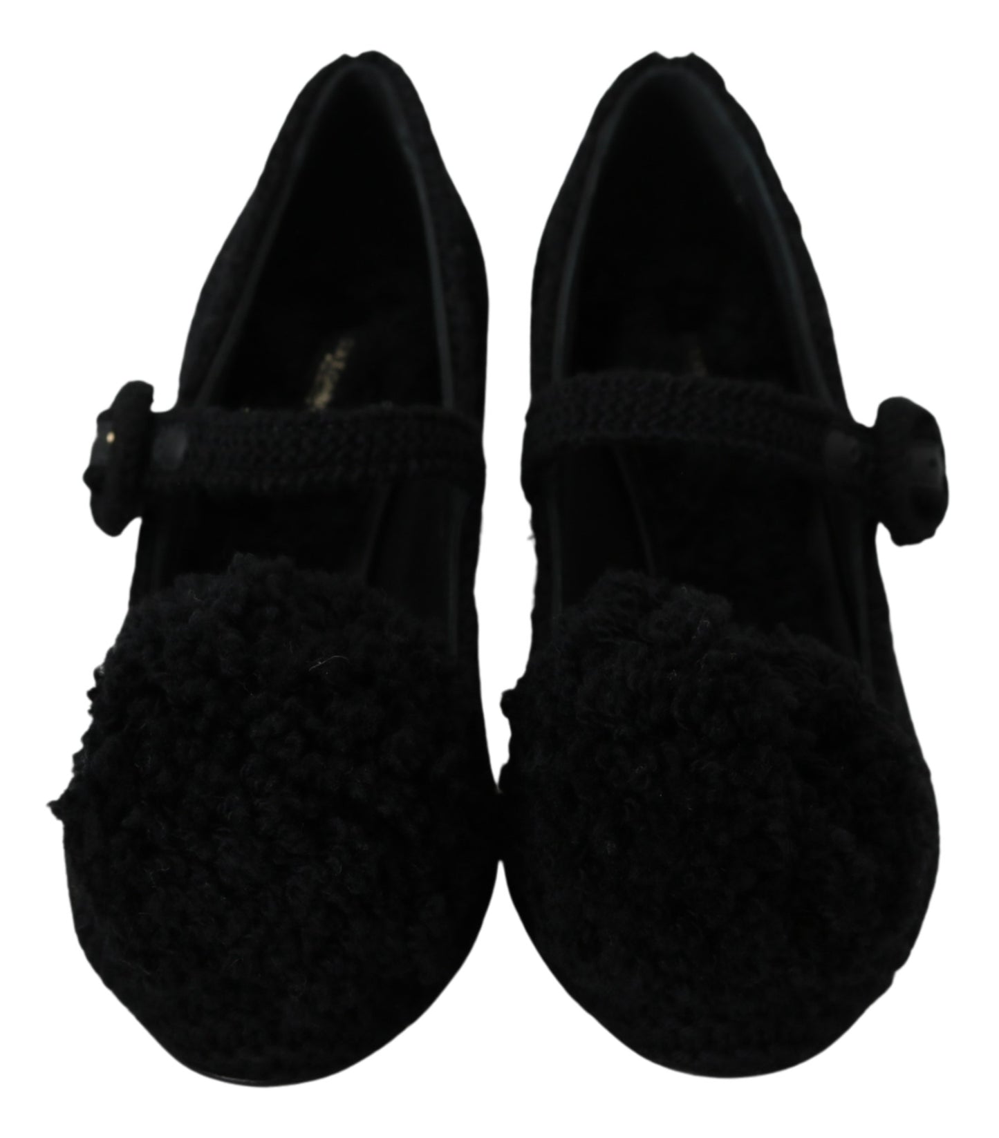Schwarze Wolle Pom Pom Block Mary Jane Schuhe