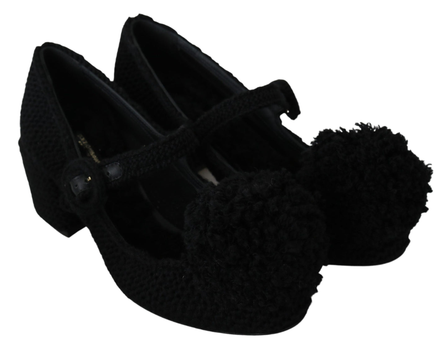 Schwarze Wolle Pom Pom Block Mary Jane Schuhe