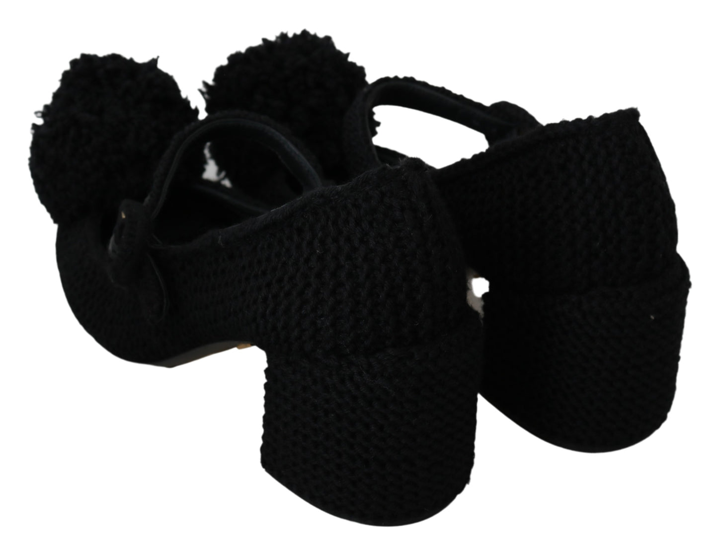 Schwarze Wolle Pom Pom Block Mary Jane Schuhe
