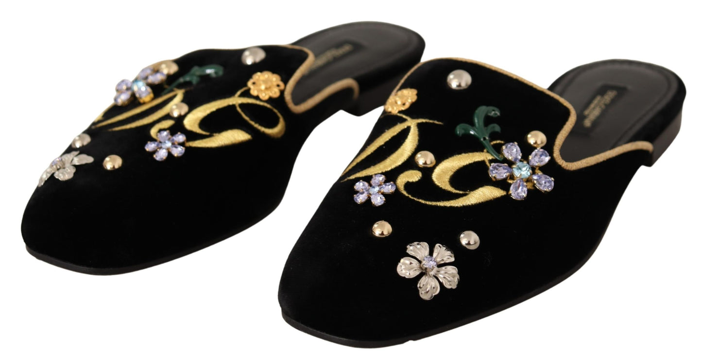 Schwarzer Samt DG Stickerei Maultier Sandalen Schuhe