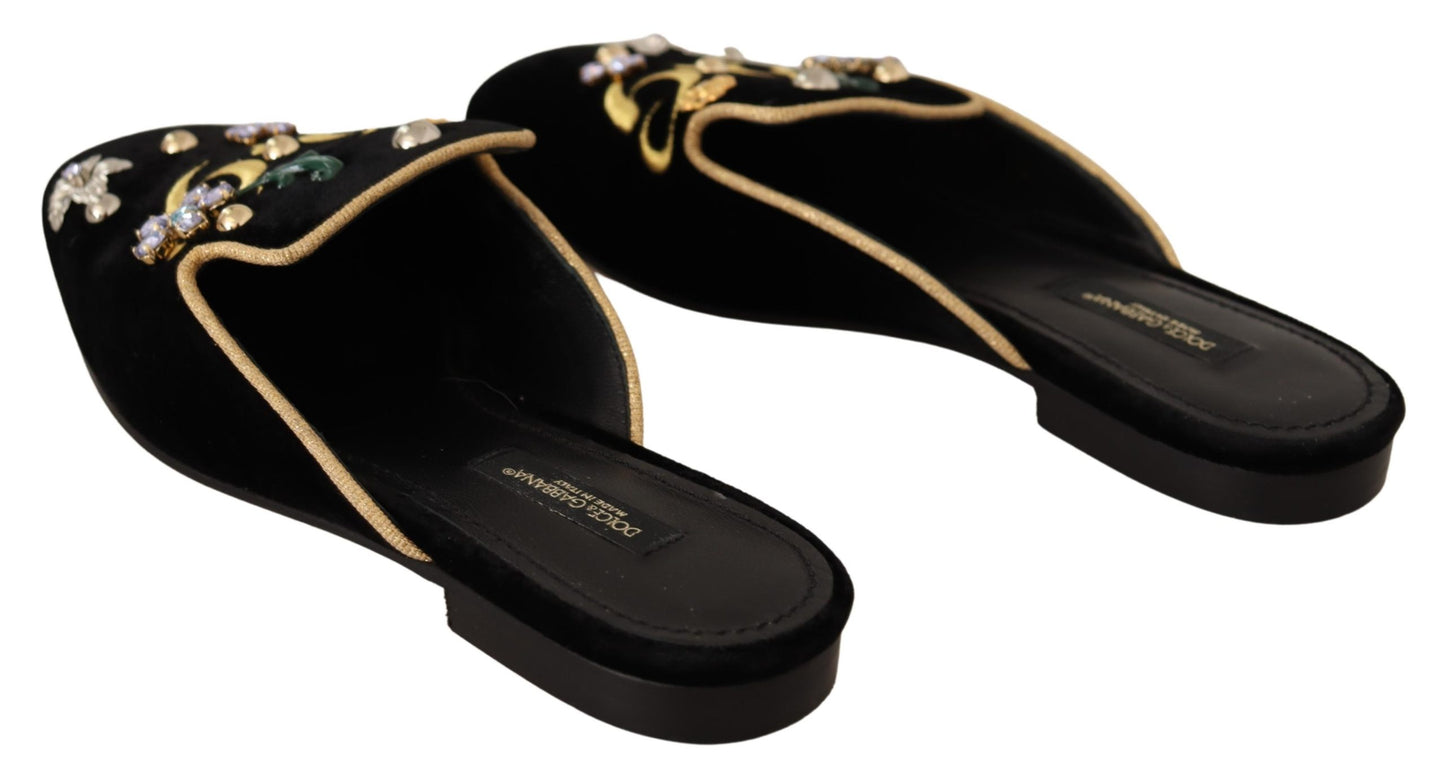 Schwarzer Samt DG Stickerei Maultier Sandalen Schuhe