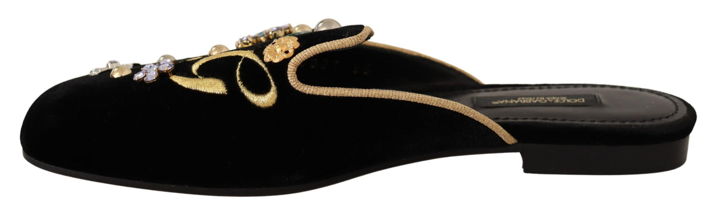 Schwarzer Samt DG Stickerei Maultier Sandalen Schuhe
