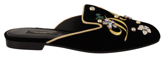 Schwarzer Samt DG Stickerei Maultier Sandalen Schuhe