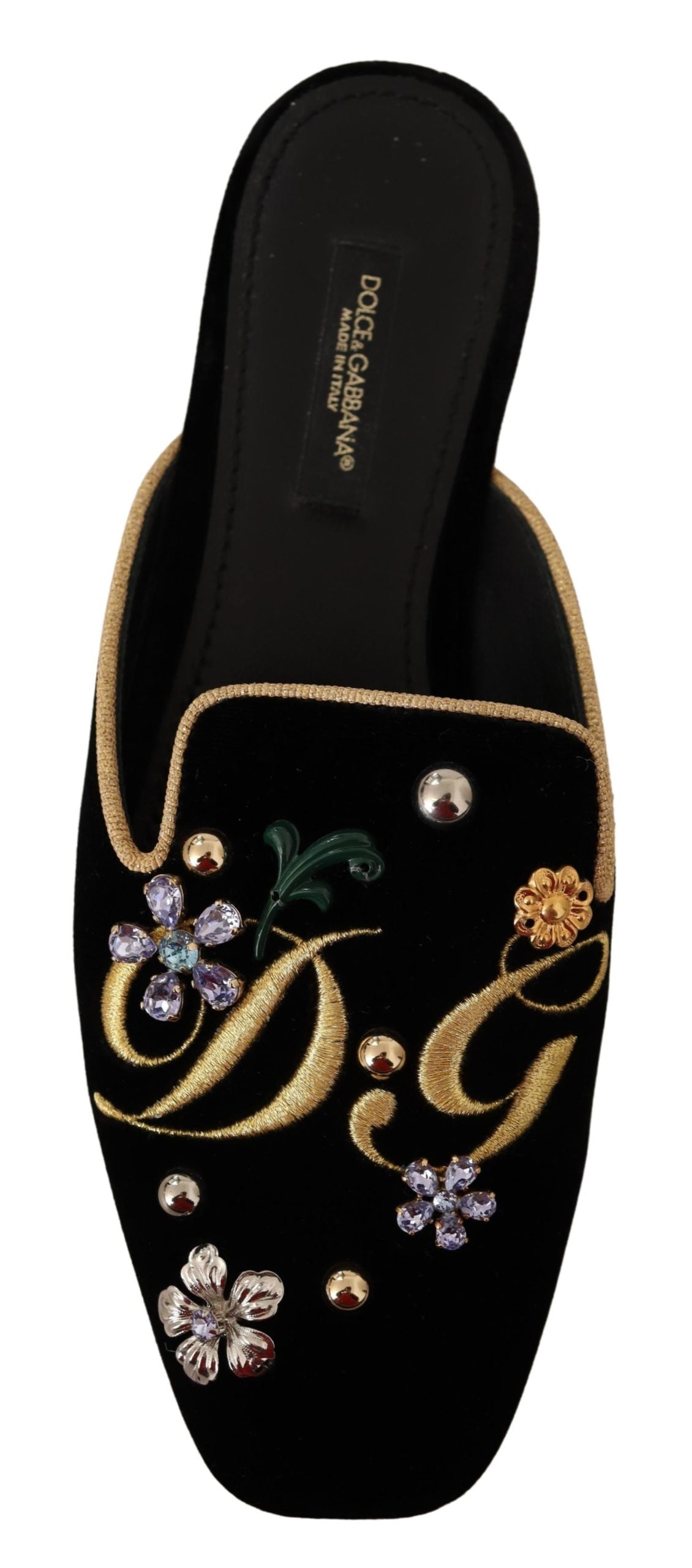 Schwarzer Samt DG Stickerei Maultier Sandalen Schuhe