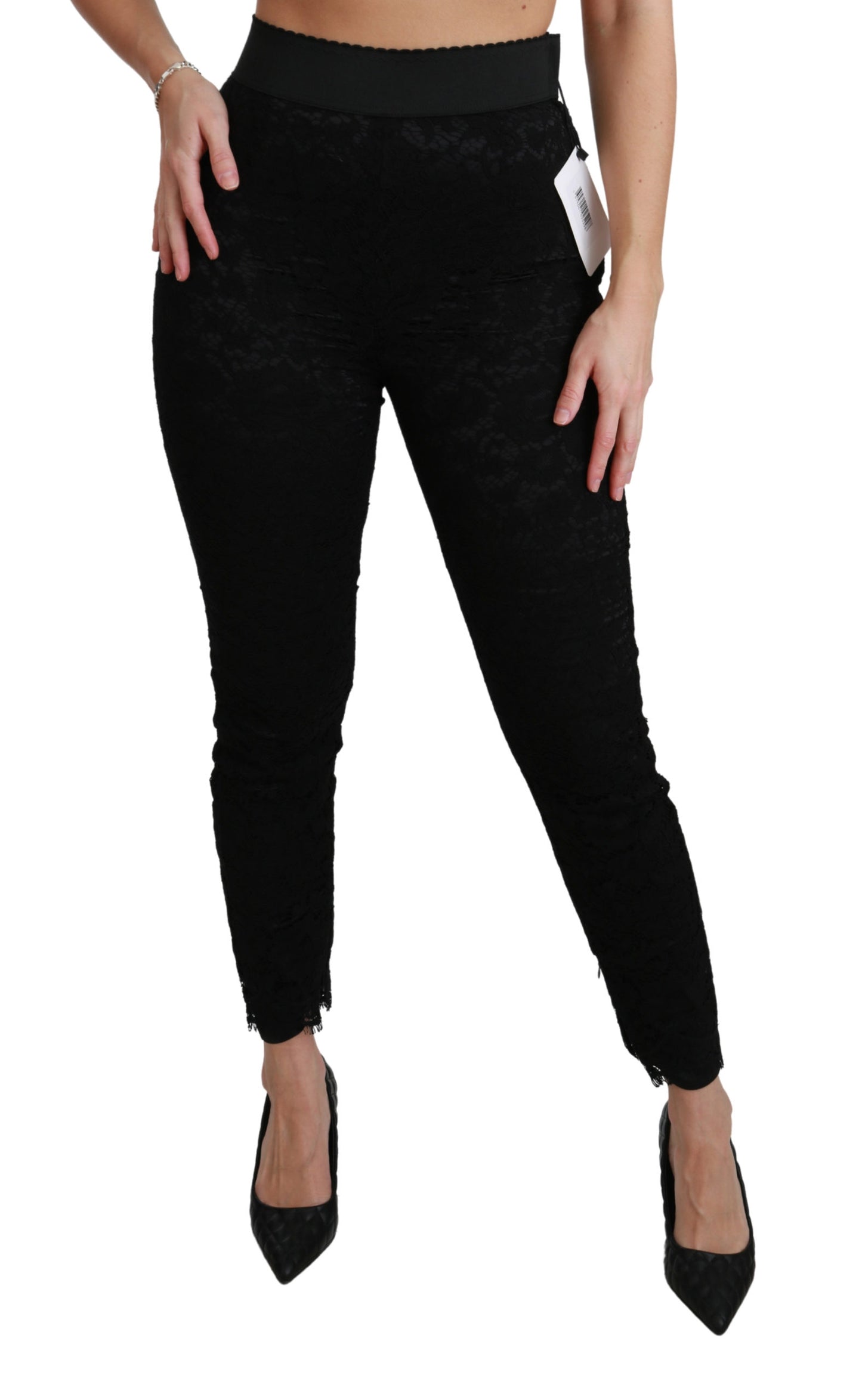 Schwarze Skinny Hose mit hoher Taille aus Baumwolle mit Spitze