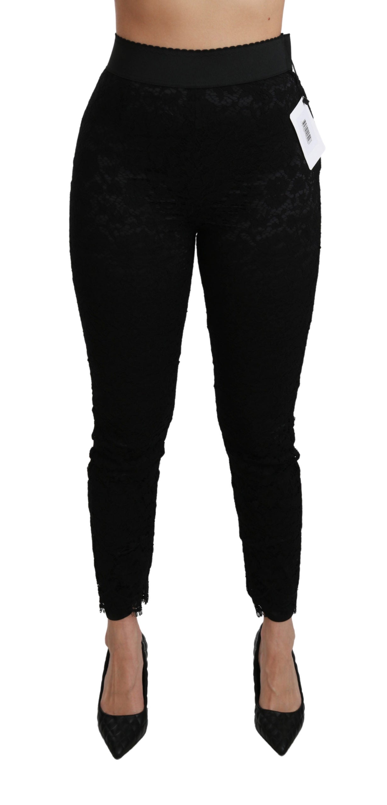 Schwarze Skinny Hose mit hoher Taille aus Baumwolle mit Spitze