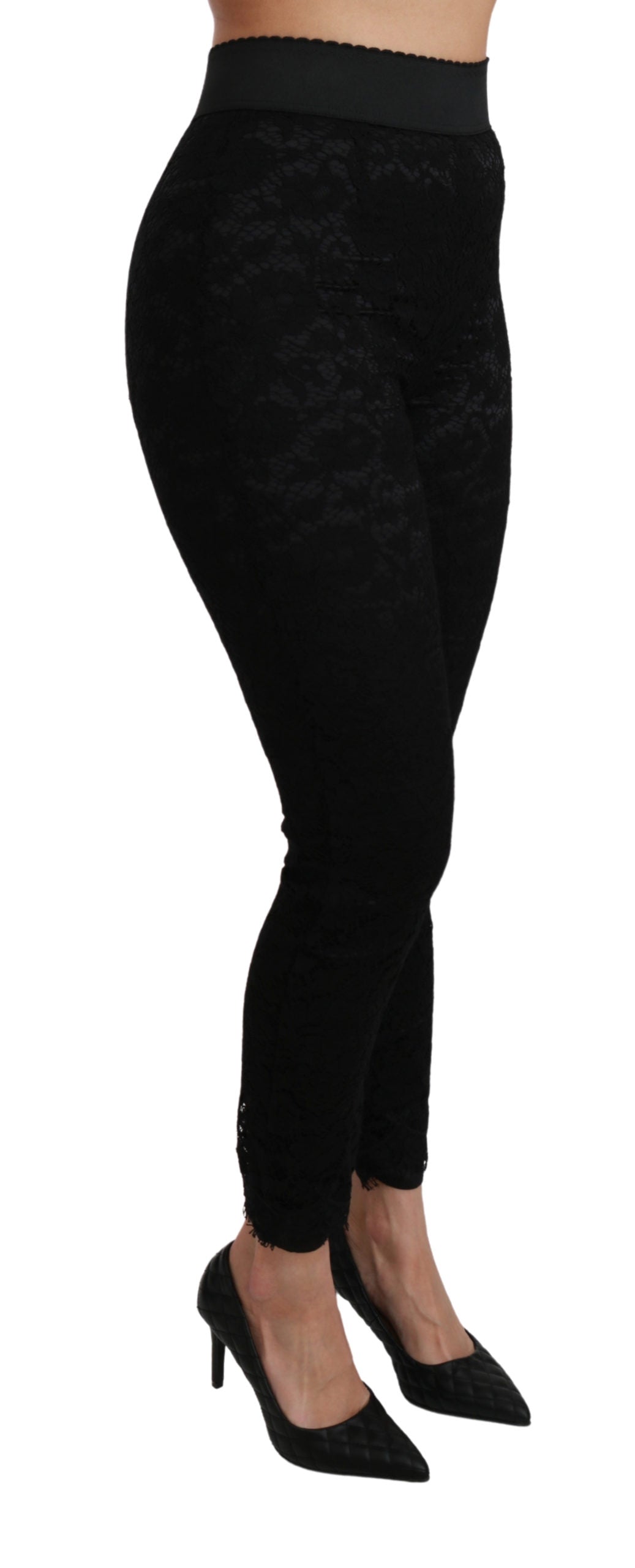 Schwarze Skinny Hose mit hoher Taille aus Baumwolle mit Spitze