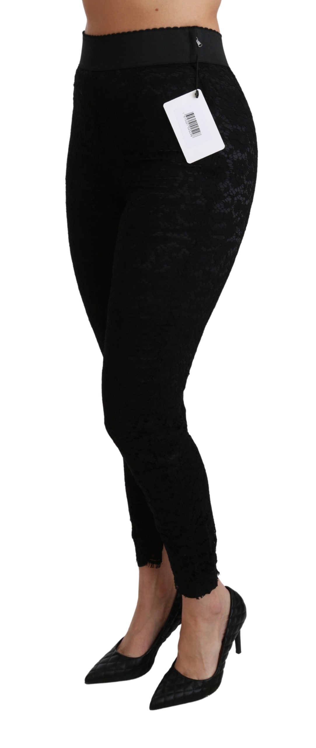 Schwarze Skinny Hose mit hoher Taille aus Baumwolle mit Spitze
