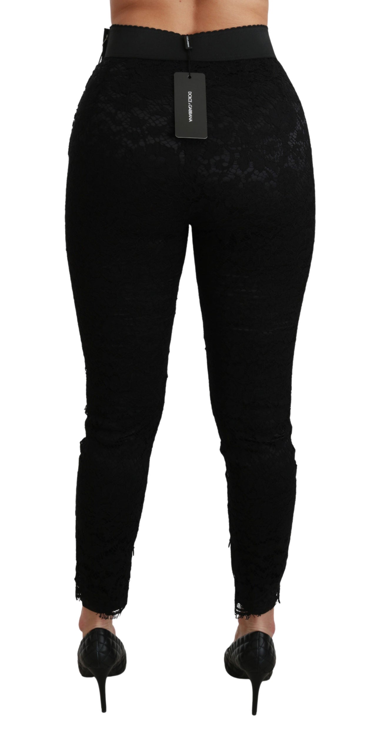 Schwarze Skinny Hose mit hoher Taille aus Baumwolle mit Spitze