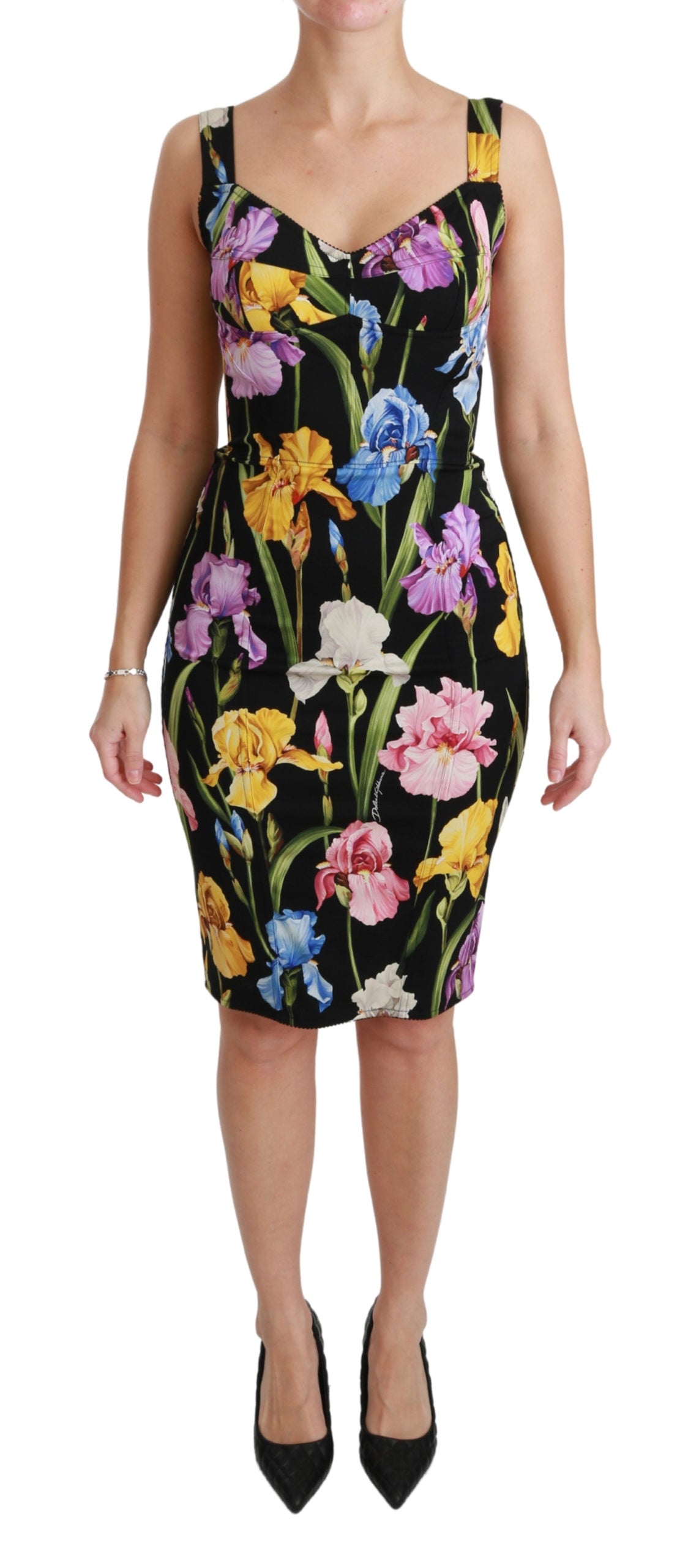 Schwarzes Iris-Print Seiden-Stretch-Bodycon-Kleid