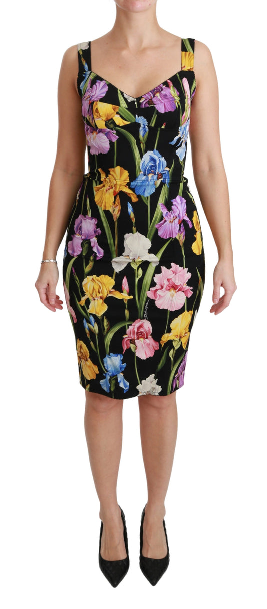 Schwarzes Iris-Print Seiden-Stretch-Bodycon-Kleid