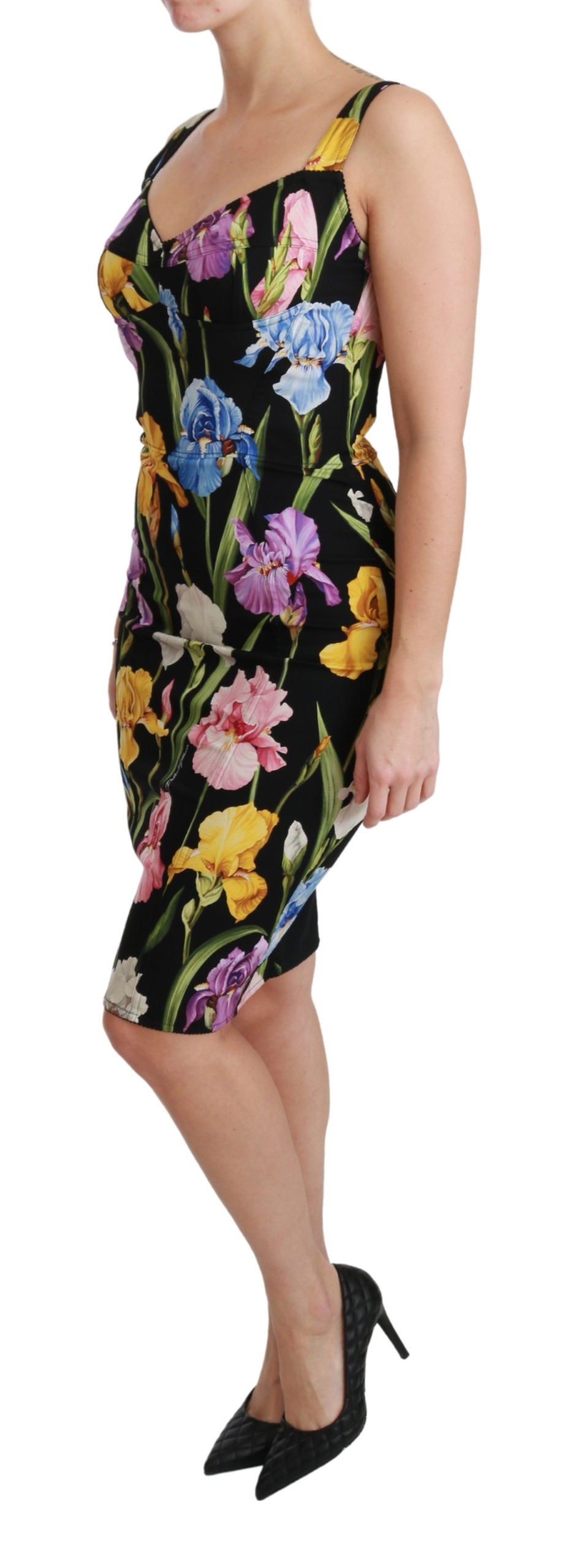 Schwarzes Iris-Print Seiden-Stretch-Bodycon-Kleid