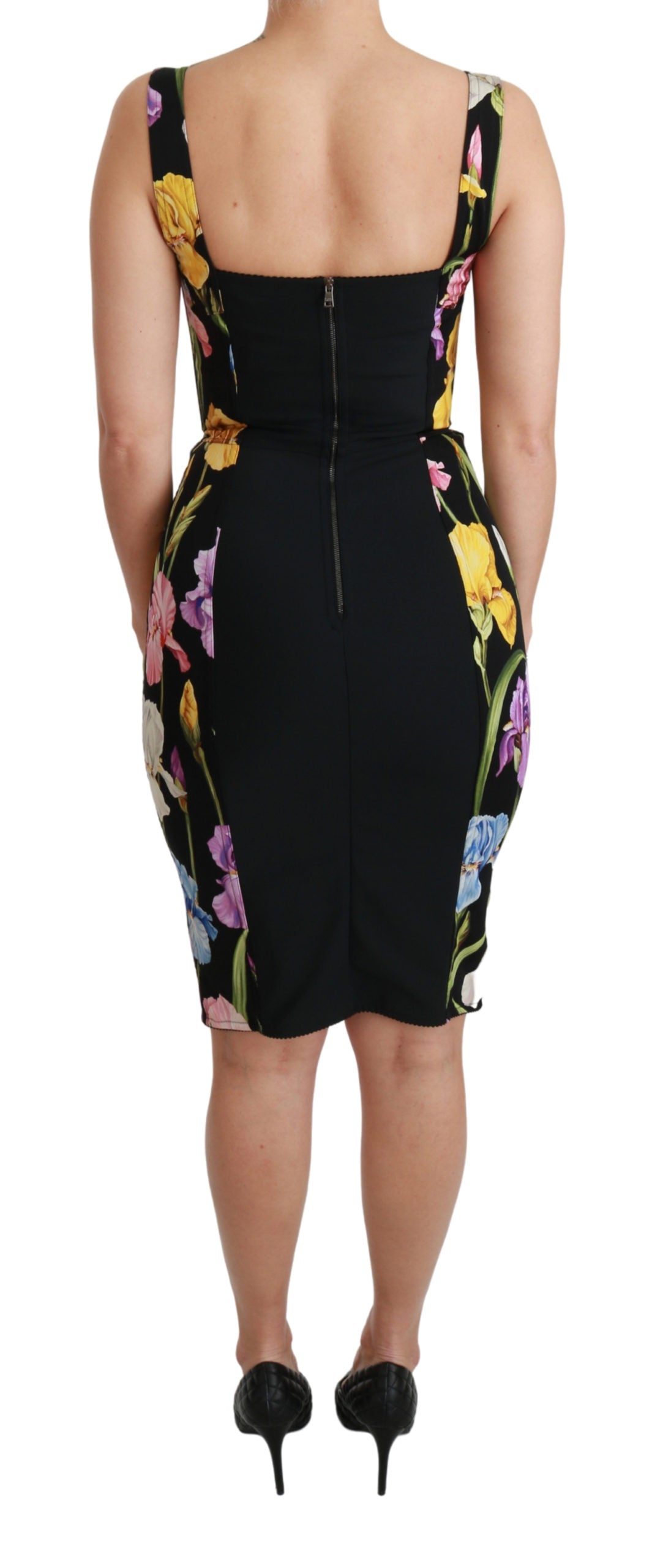 Schwarzes Iris-Print Seiden-Stretch-Bodycon-Kleid