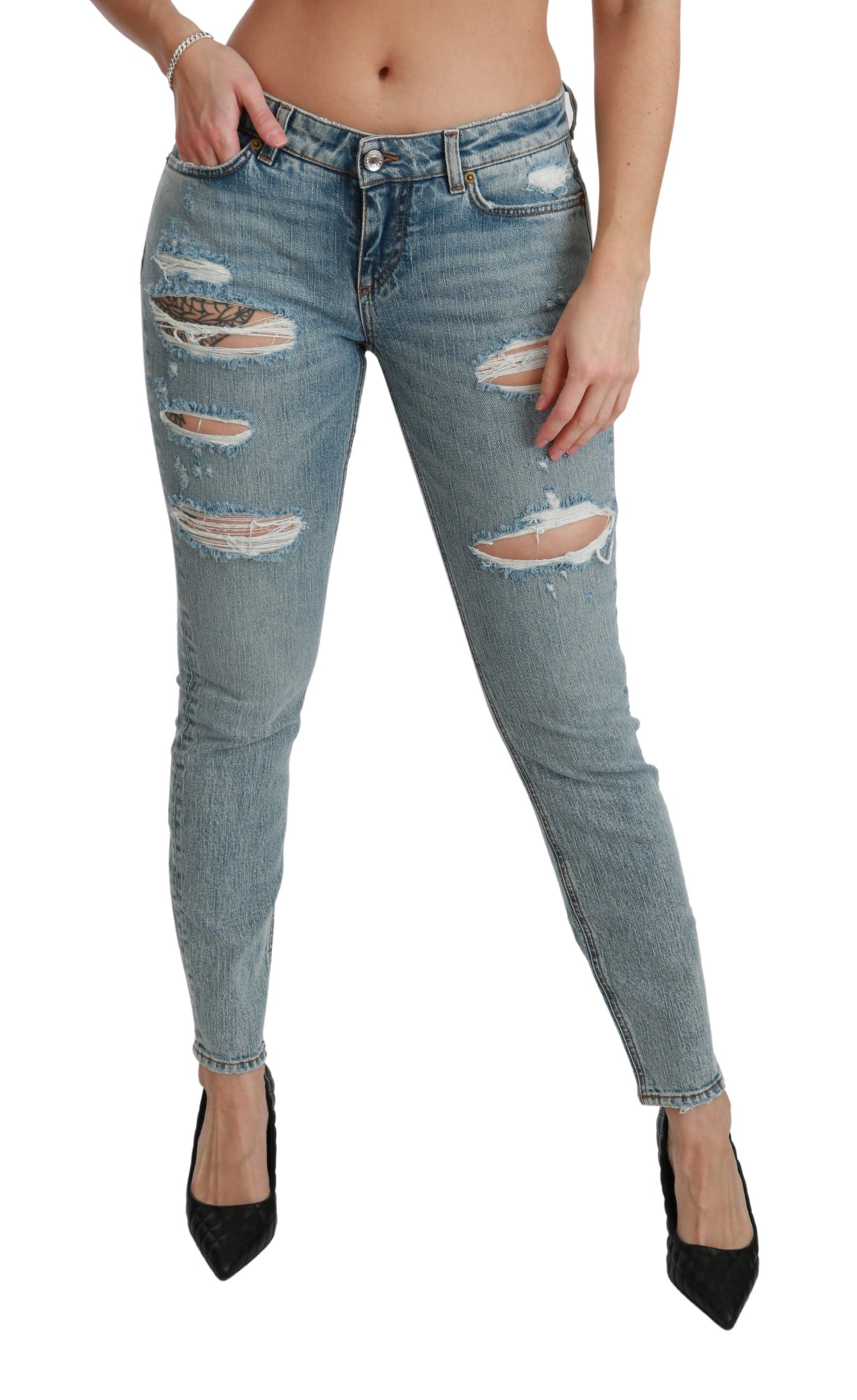 Blaue Stretch-Skinny-Jeans mit niedriger Taille aus Denim-Baumwolle