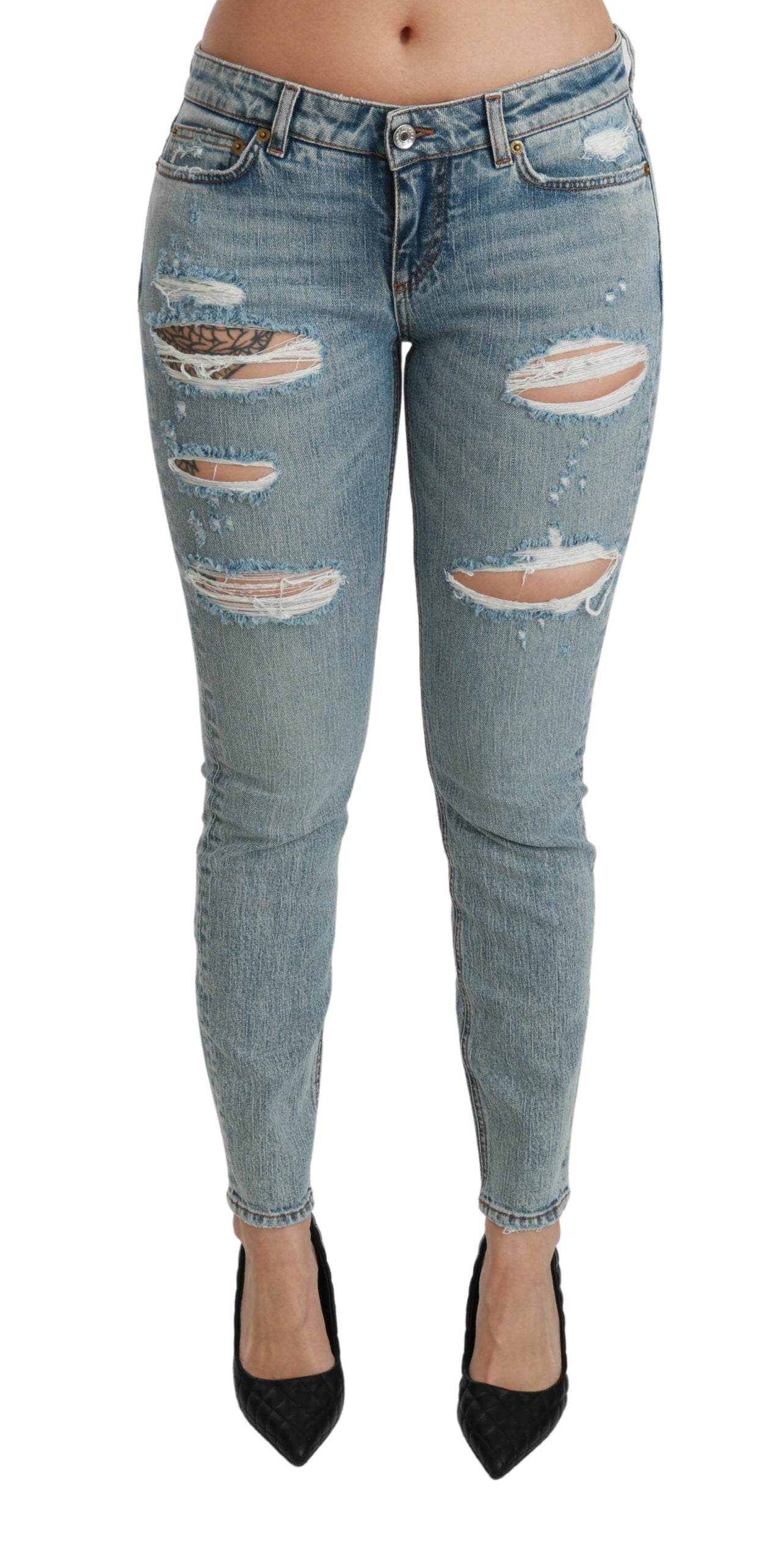 Blaue Stretch-Skinny-Jeans mit niedriger Taille aus Denim-Baumwolle