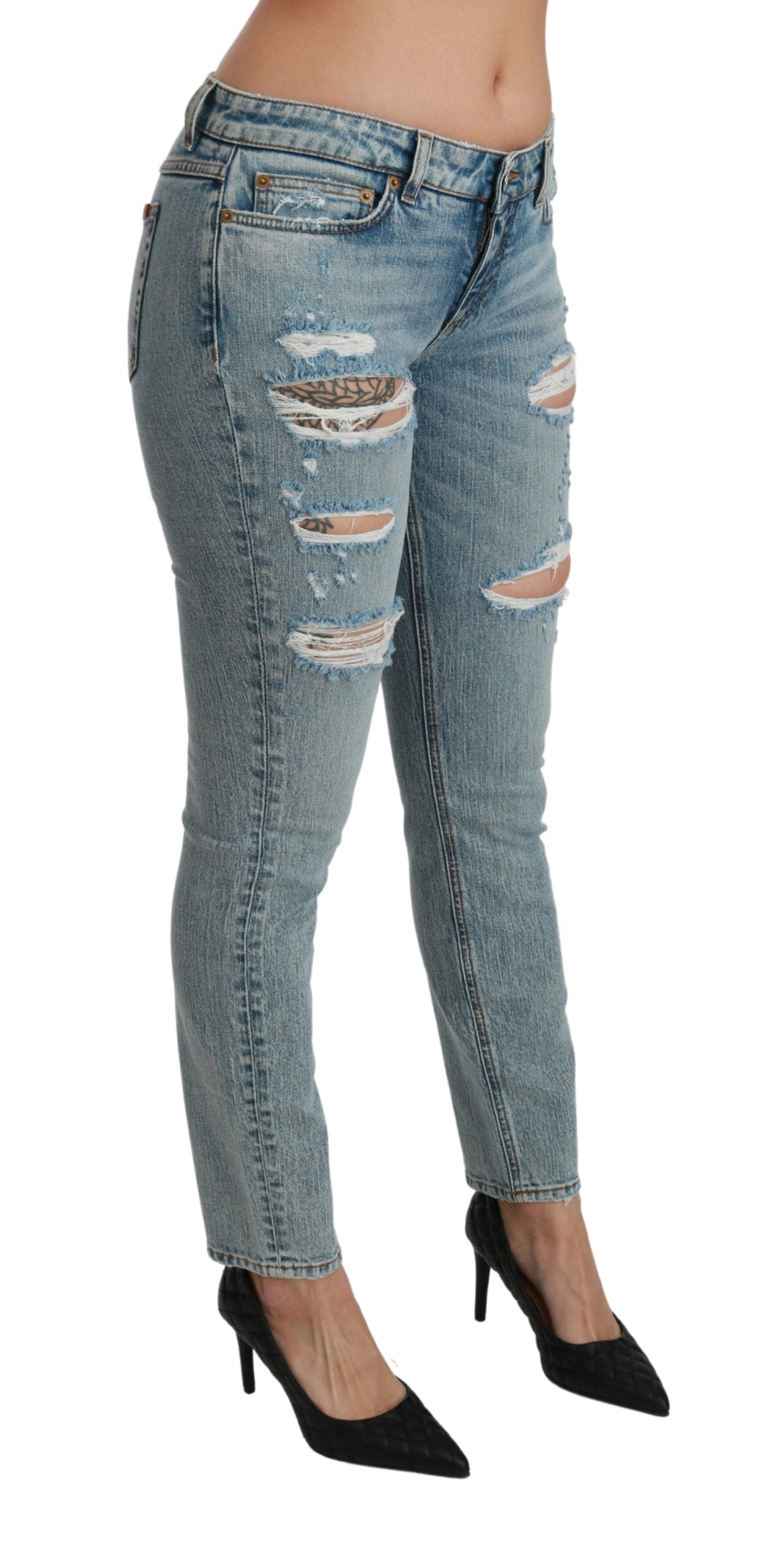 Blaue Stretch-Skinny-Jeans mit niedriger Taille aus Denim-Baumwolle