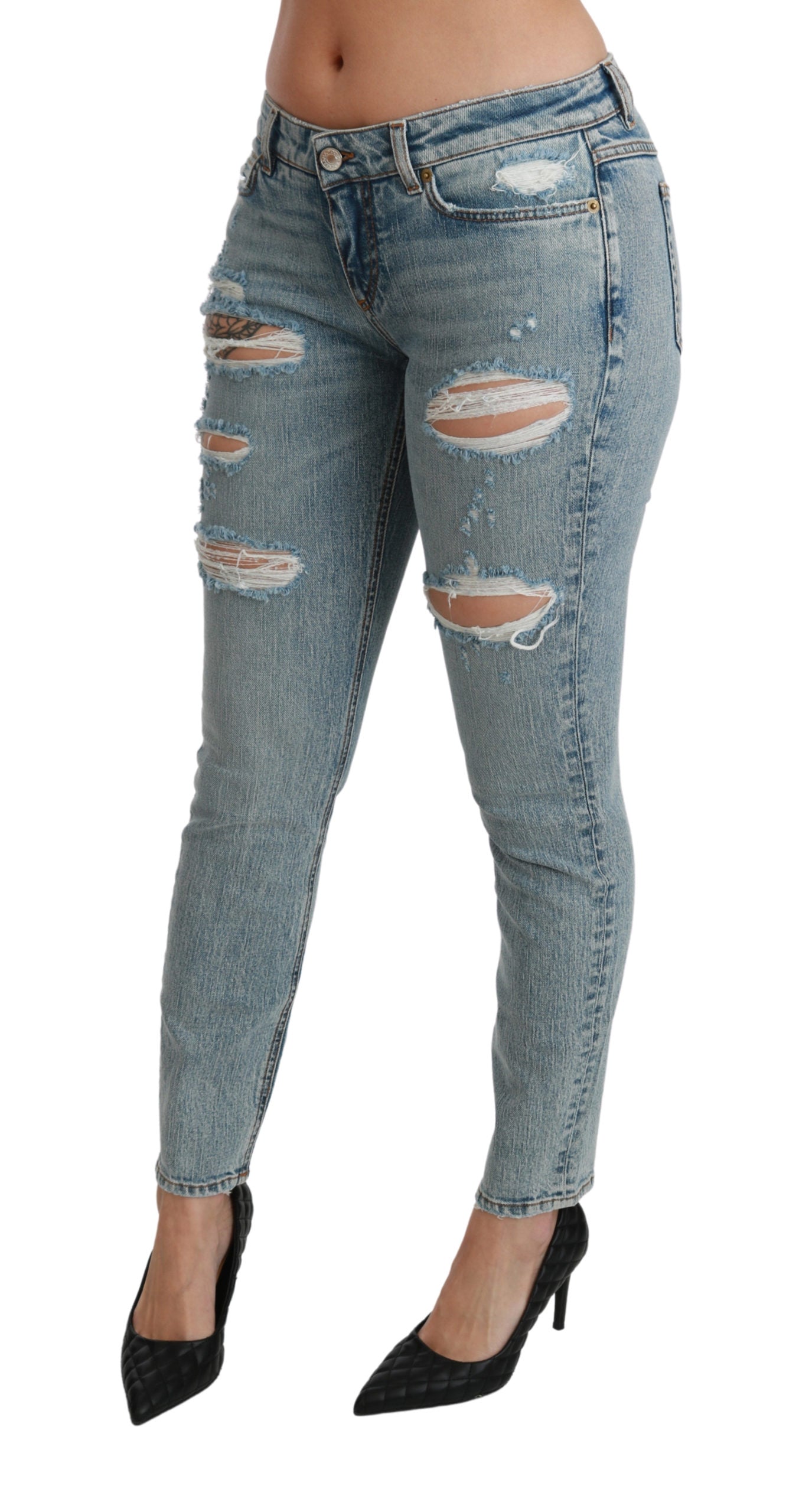 Blaue Stretch-Skinny-Jeans mit niedriger Taille aus Denim-Baumwolle