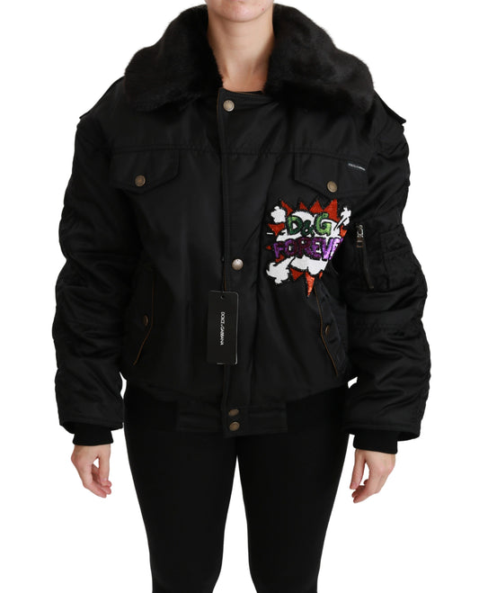 Schwarze Queen Crown Bomberjacke mit Pailletten