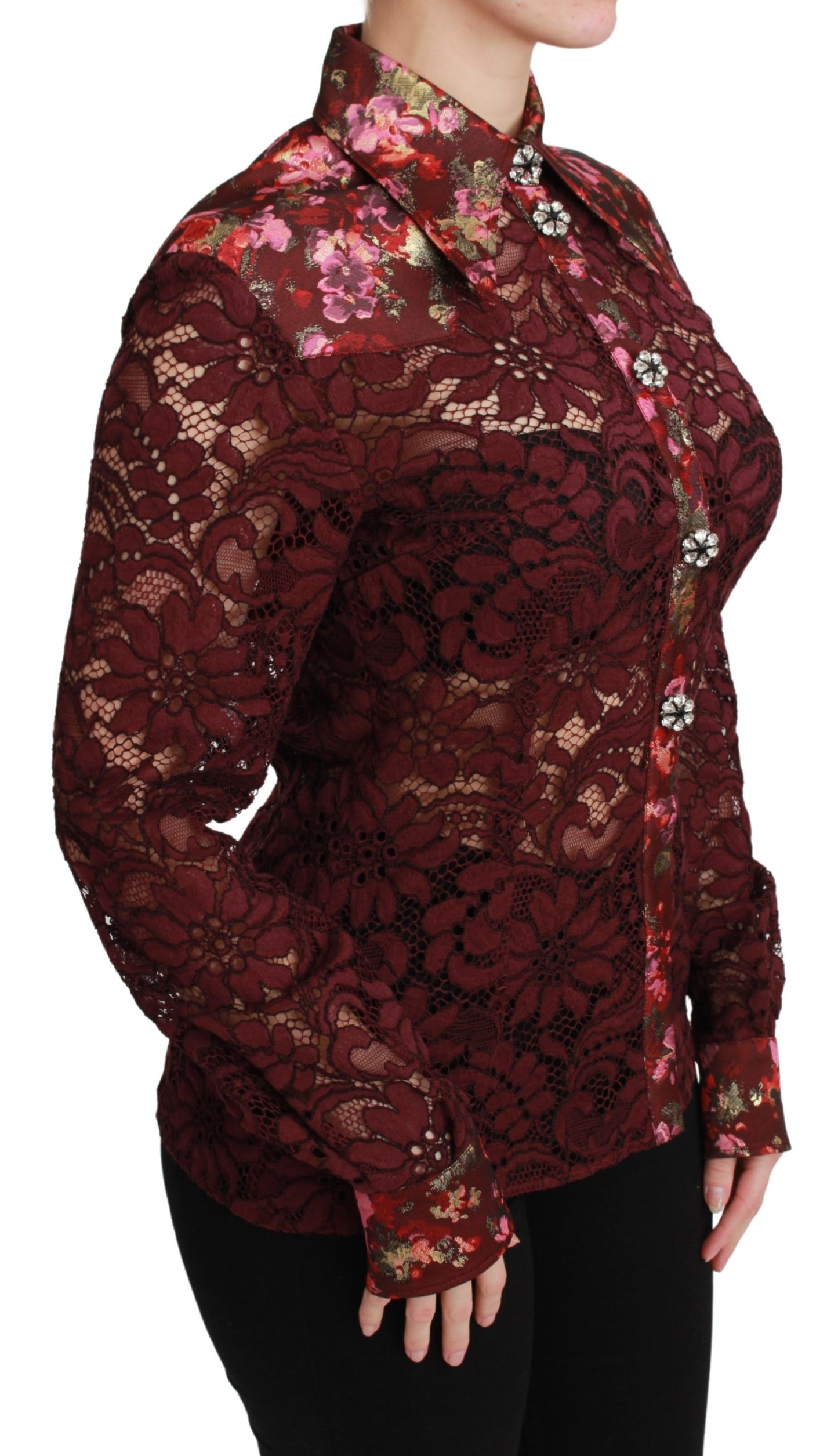 Bordeauxfarbenes Hemd mit floraler Kristallbluse