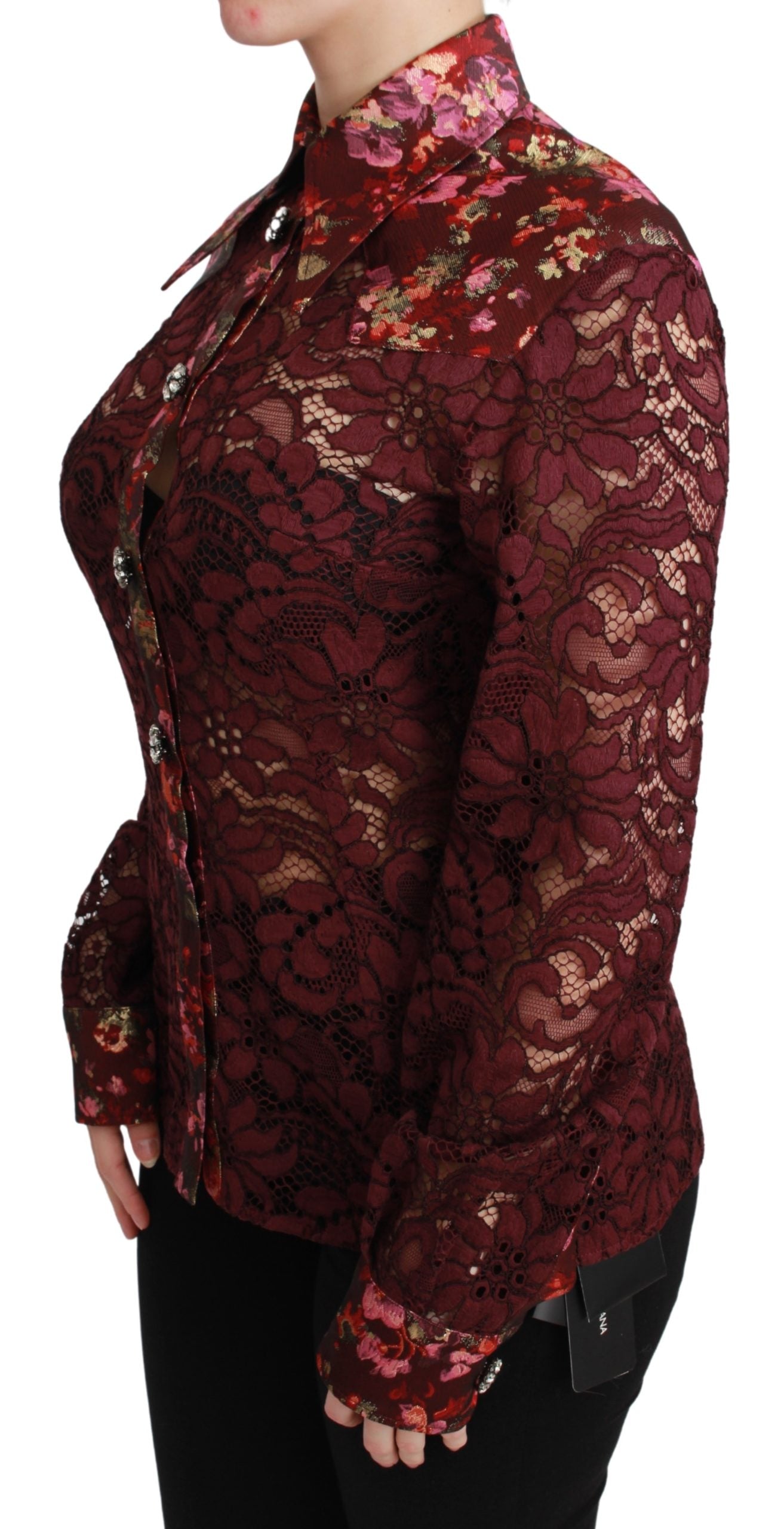 Bordeauxfarbenes Hemd mit floraler Kristallbluse