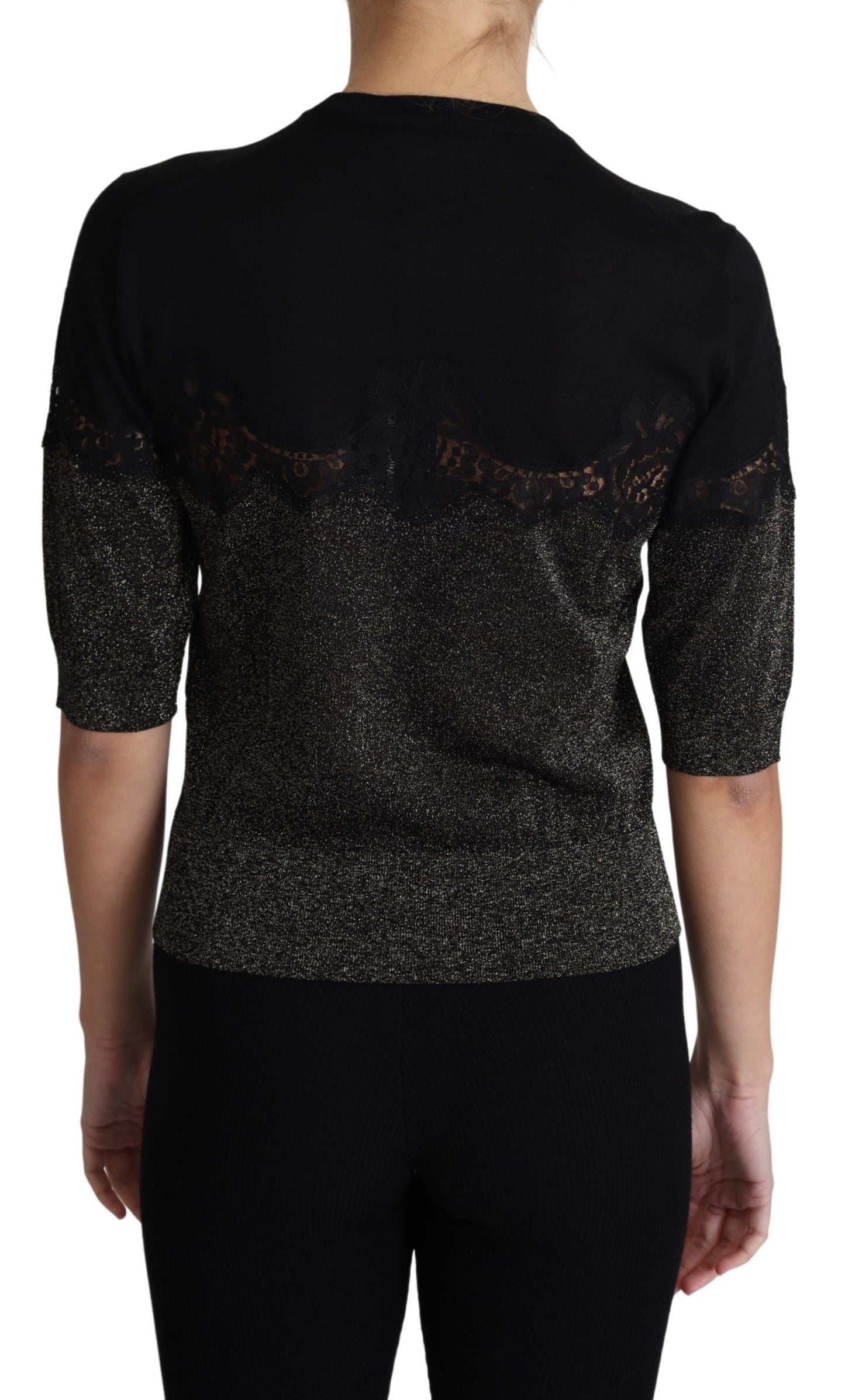 Schwarzer glänzender Lurex-Spitzeneinsatz Pullover Top