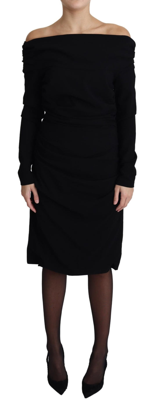 Schwarzes Etuikleid mit offenen Schultern aus Wolle