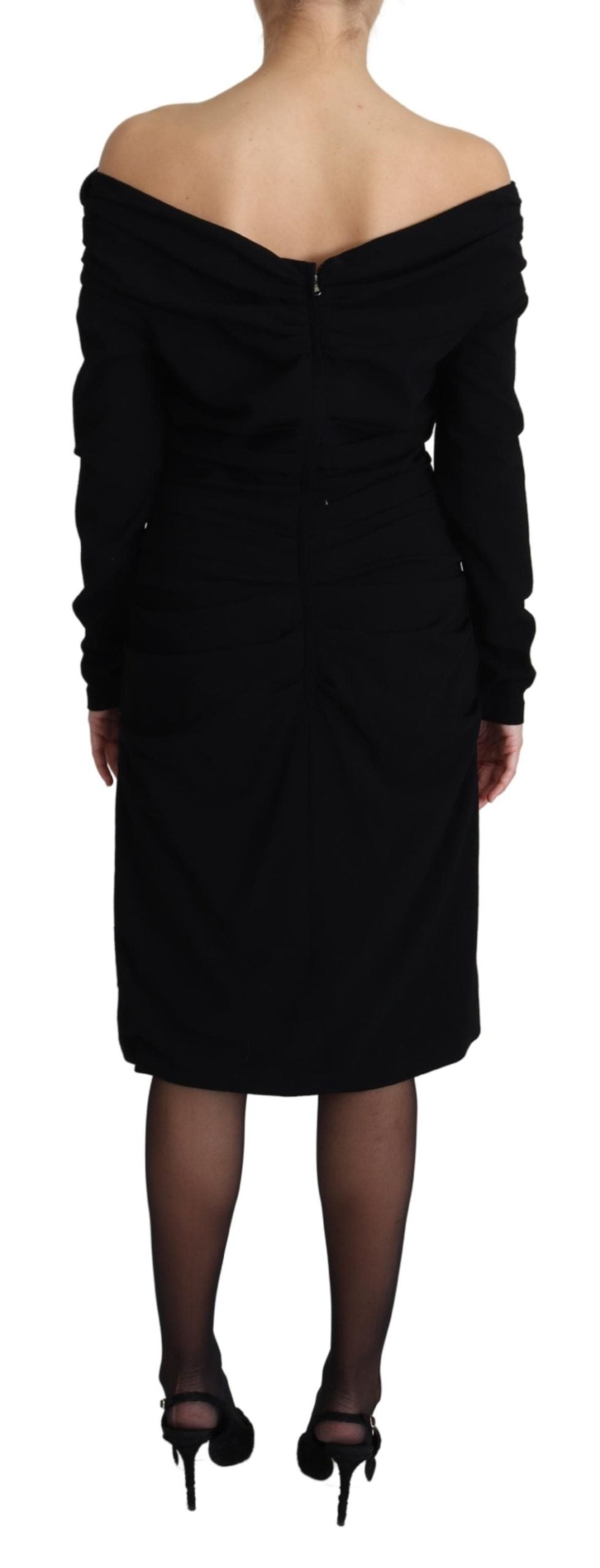 Schwarzes Etuikleid mit offenen Schultern aus Wolle