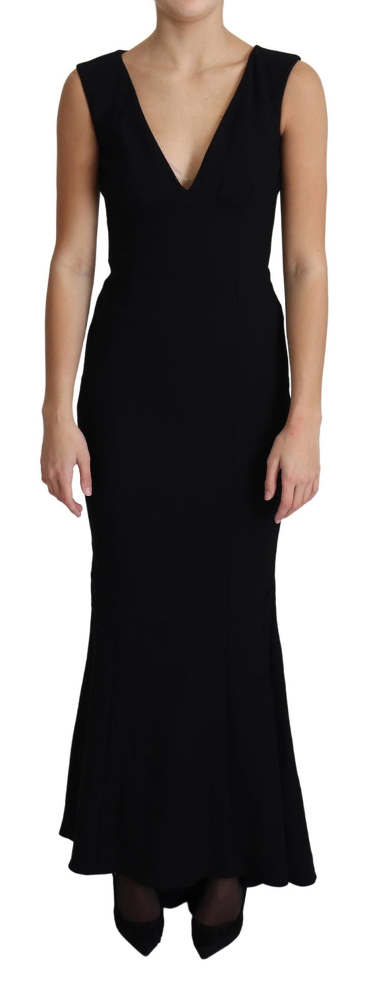 Schwarzes tief ausgeschnittenes Meerjungfrauen-Maxikleid mit Kristall