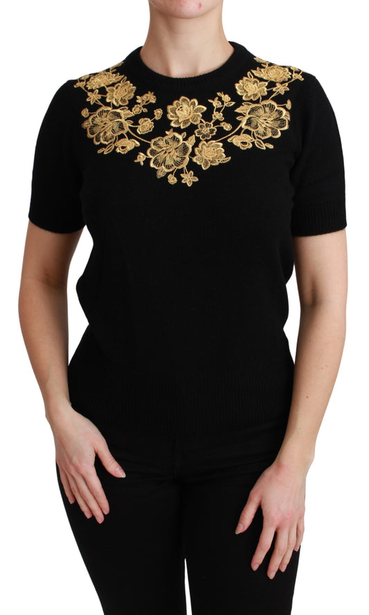 Schwarzer Kaschmir Gold Floral Pullover Top