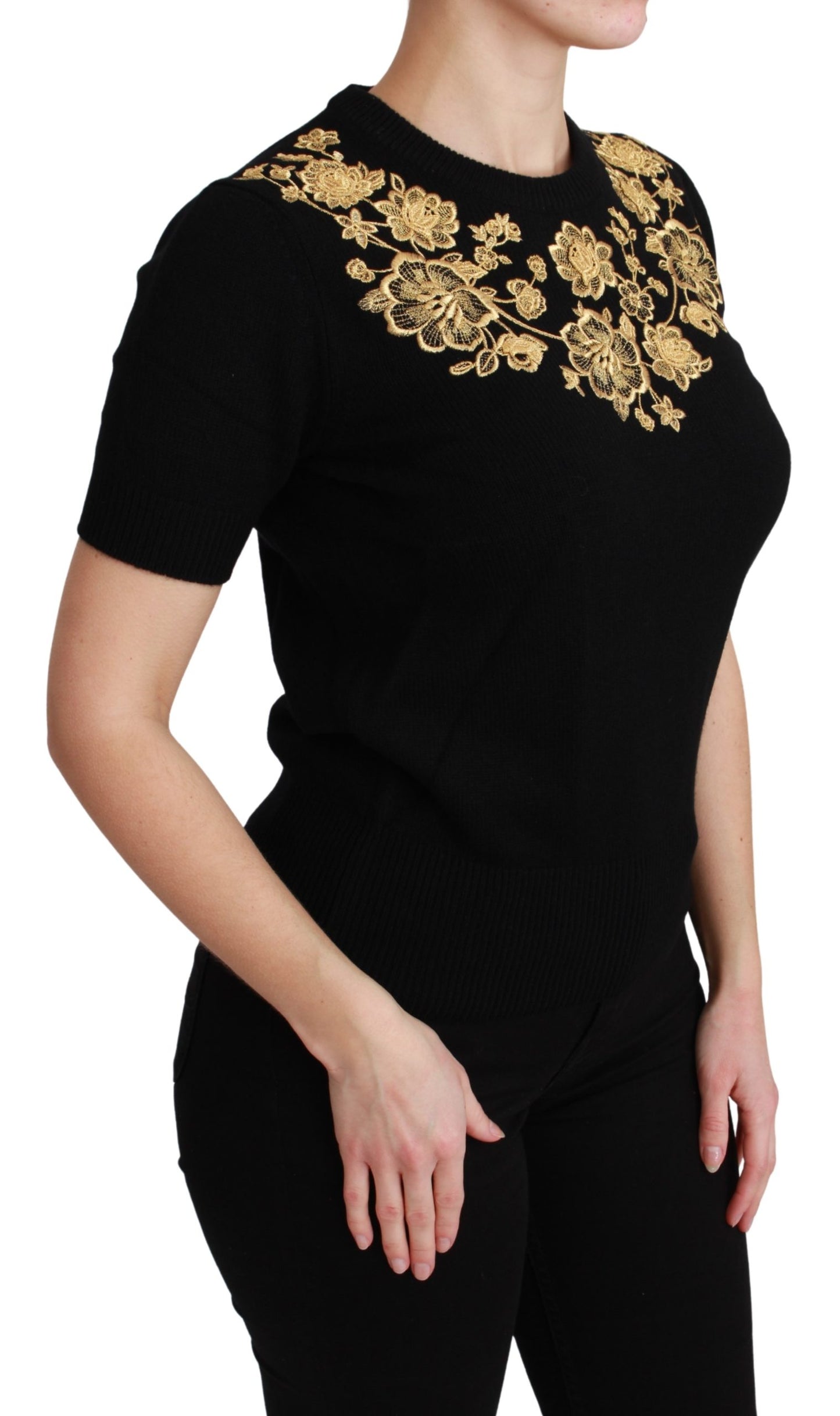 Schwarzer Kaschmir Gold Floral Pullover Top