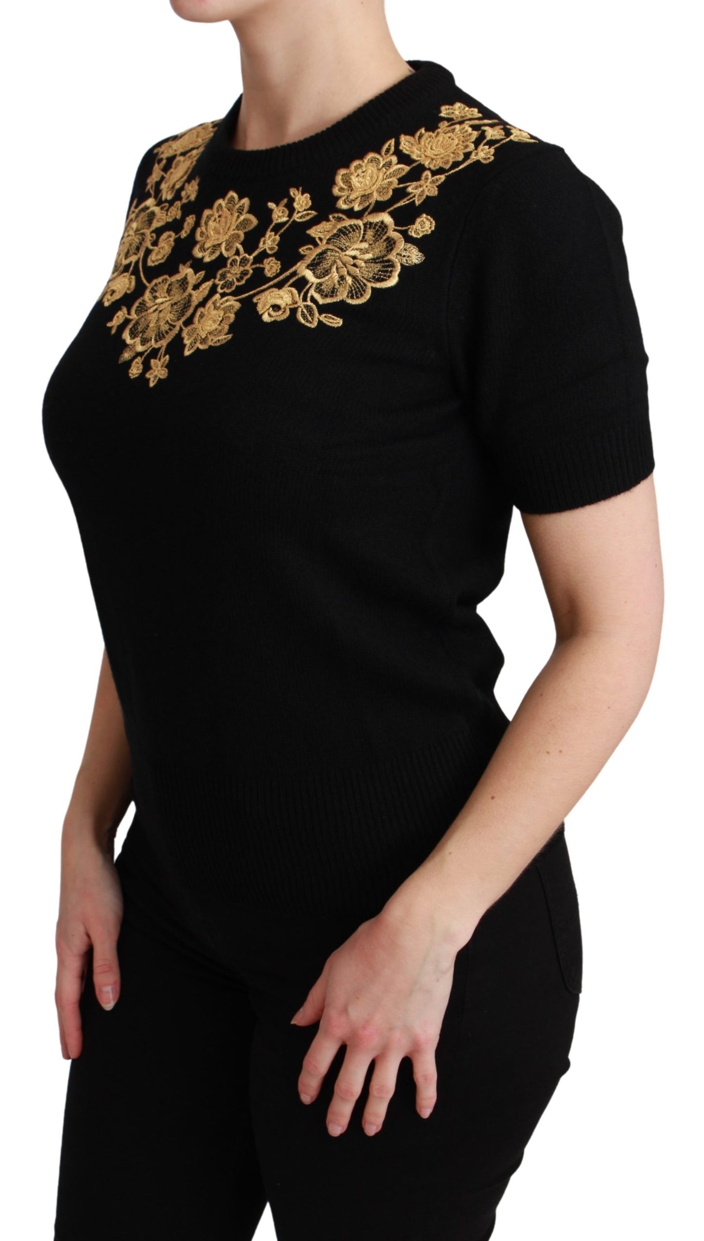 Schwarzer Kaschmir Gold Floral Pullover Top