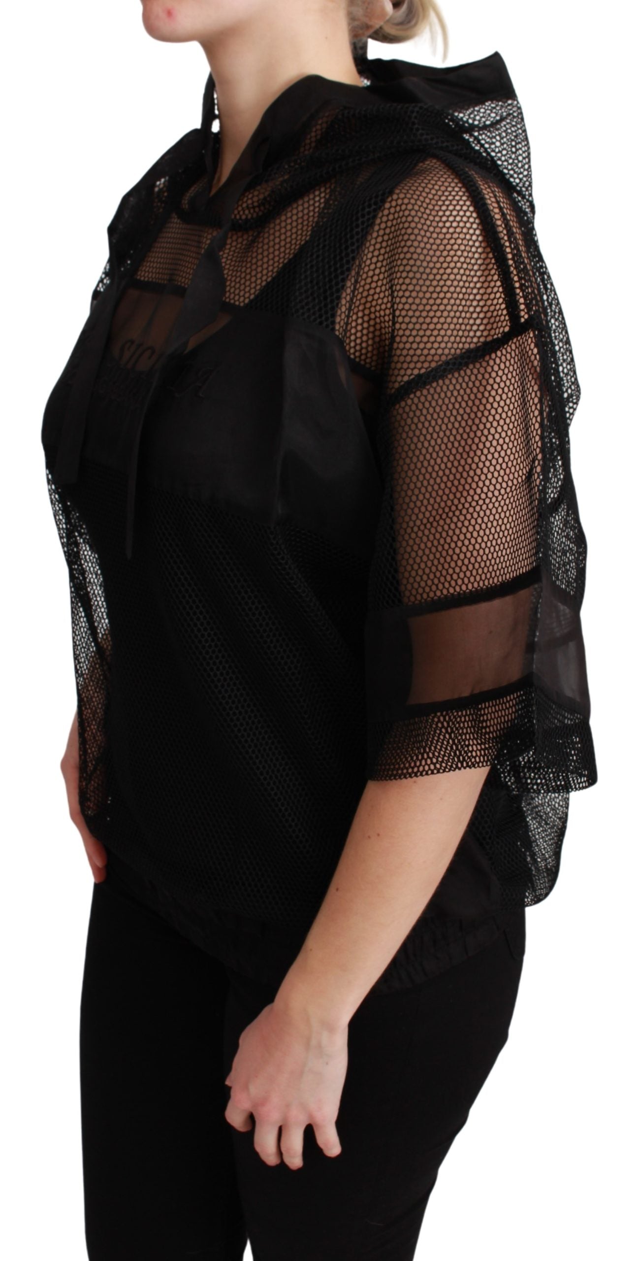 Schwarzes Sheer Nero Sicilia Kapuzenblusen-T-Shirt