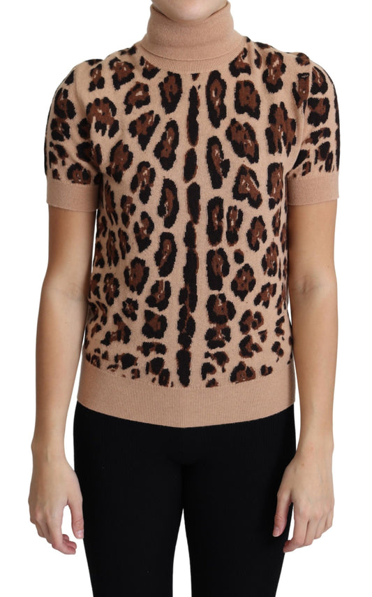 Beigefarbener Leopardenprint-Rollkragenpullover aus Schurwolle