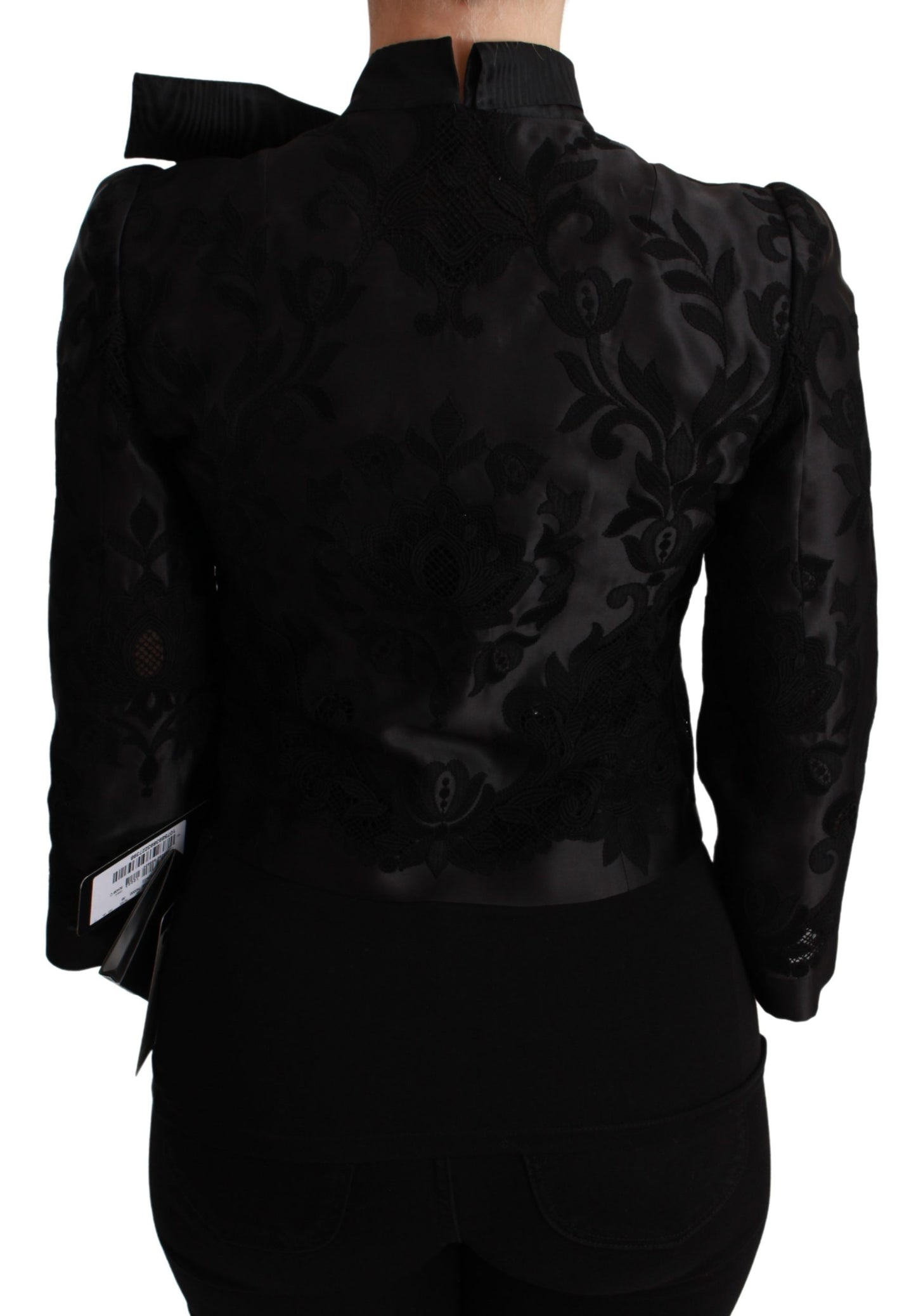 Schwarzer Jacquard-Blazer mit Blumenmuster Seidenjacke