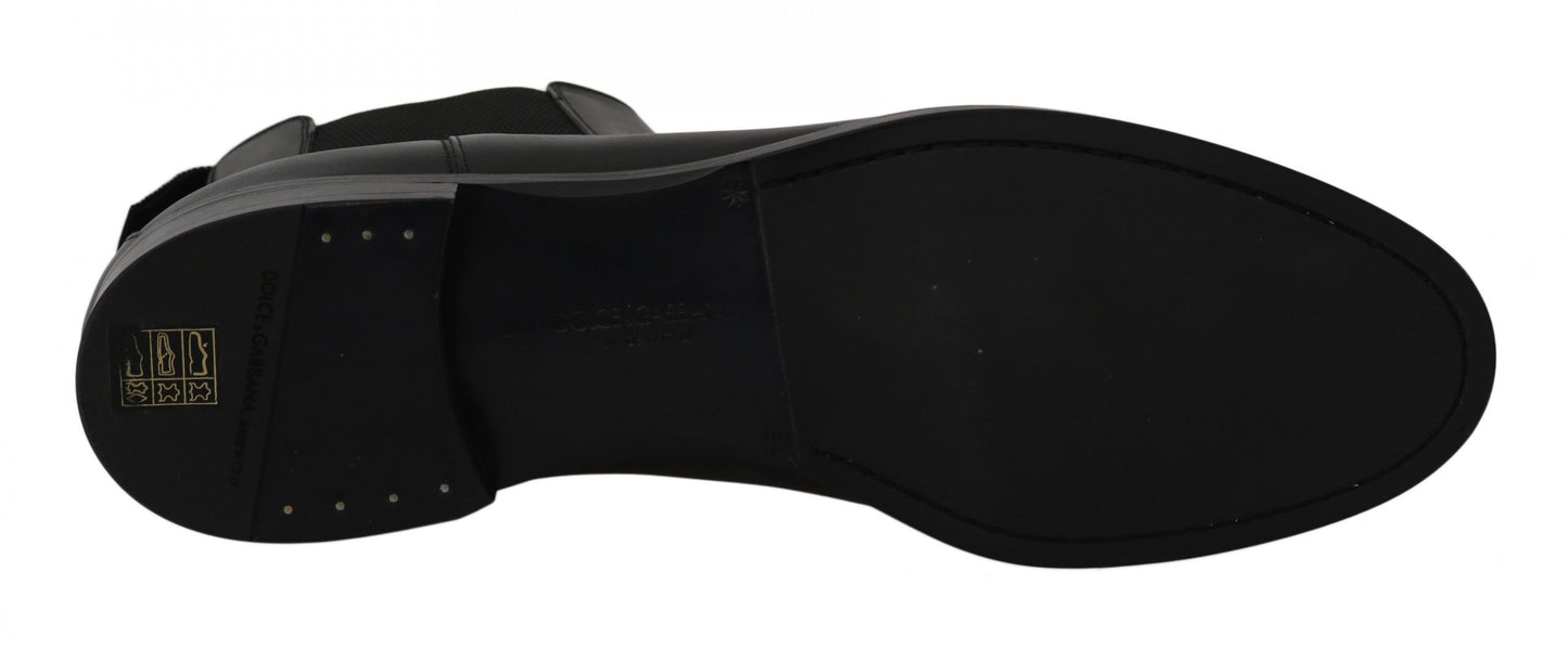 Schwarzes Leder Stretch Band Stiefel Derby Schuhe