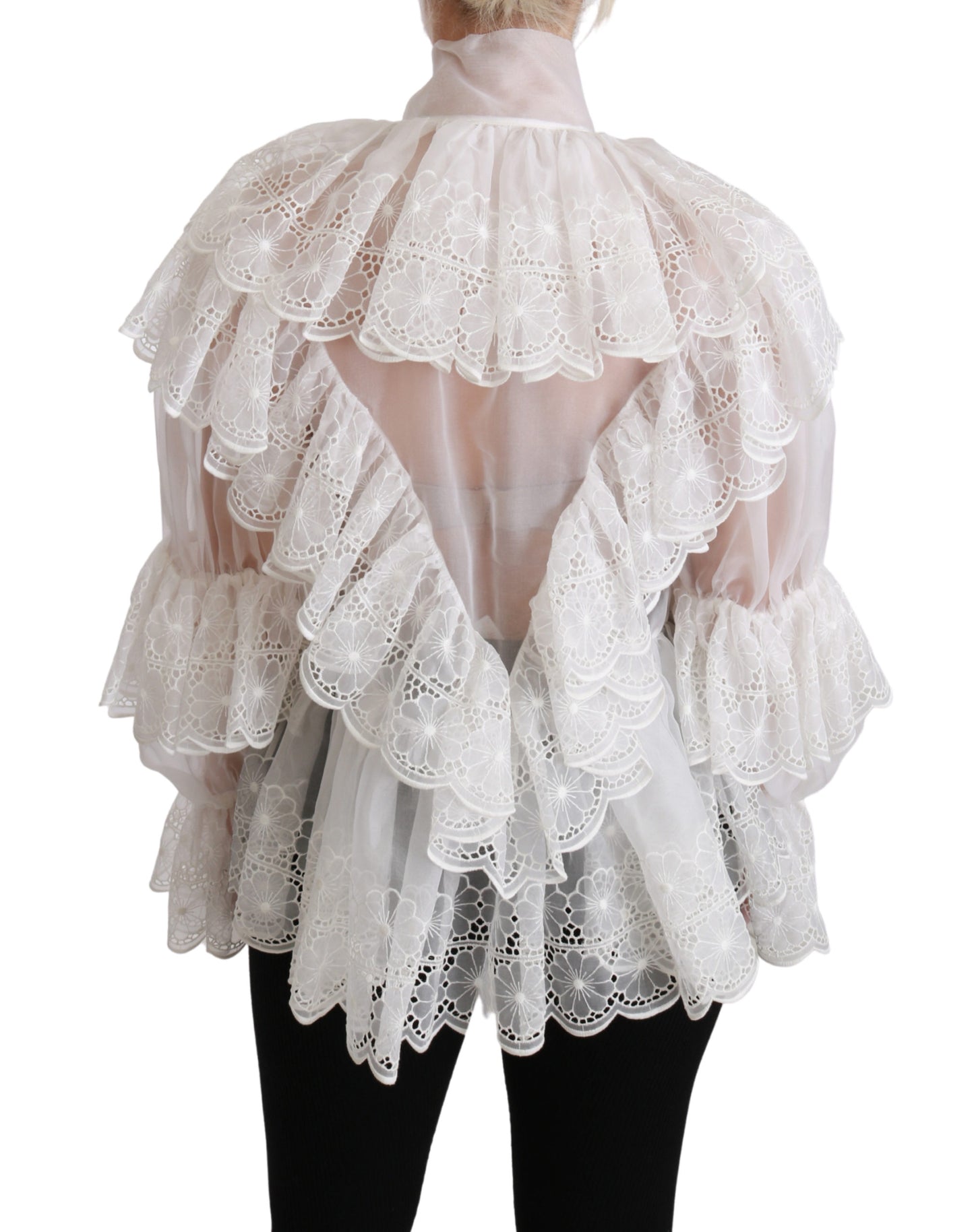 Weißes langärmeliges Blusentop mit Spitze aus Seide
