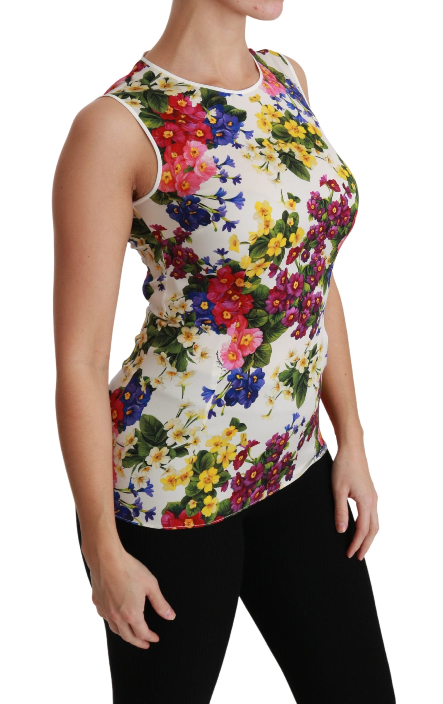 Weißes ärmelloses Blusentop mit Blumenmuster Seidenoberteil