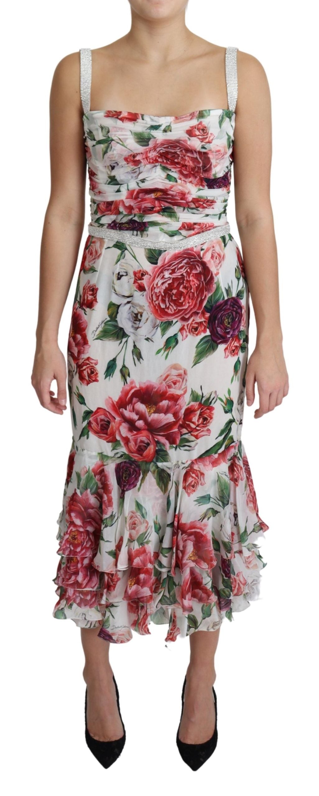 Weißes Pfingstrose Print Kristalle Chiffon Midikleid