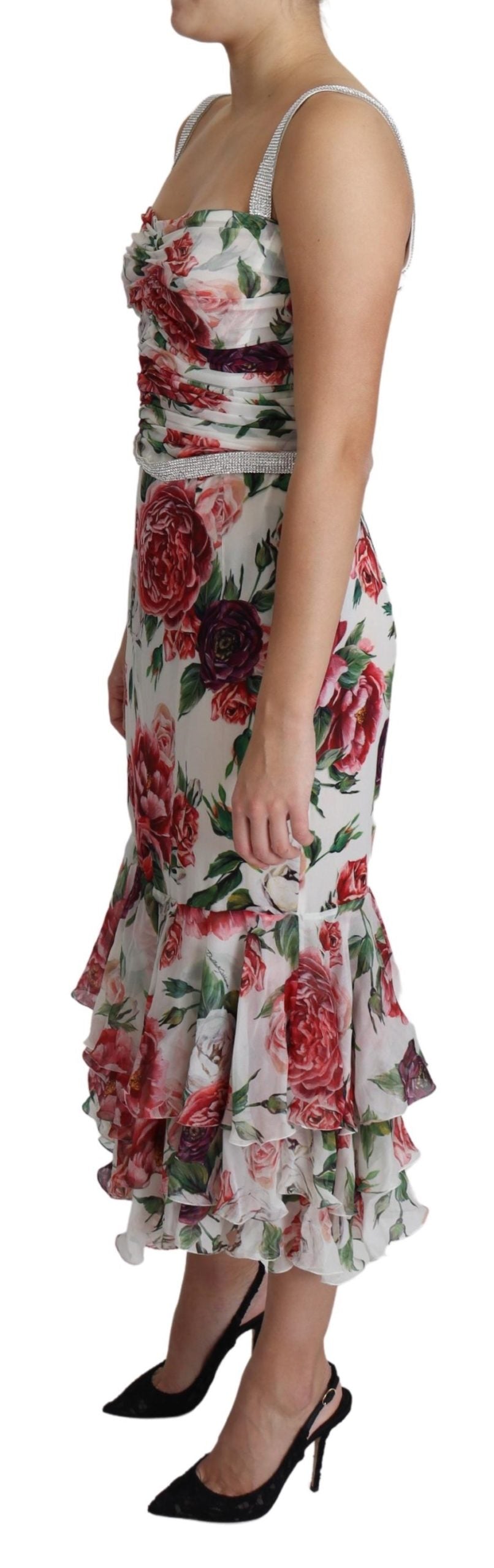 Weißes Pfingstrose Print Kristalle Chiffon Midikleid