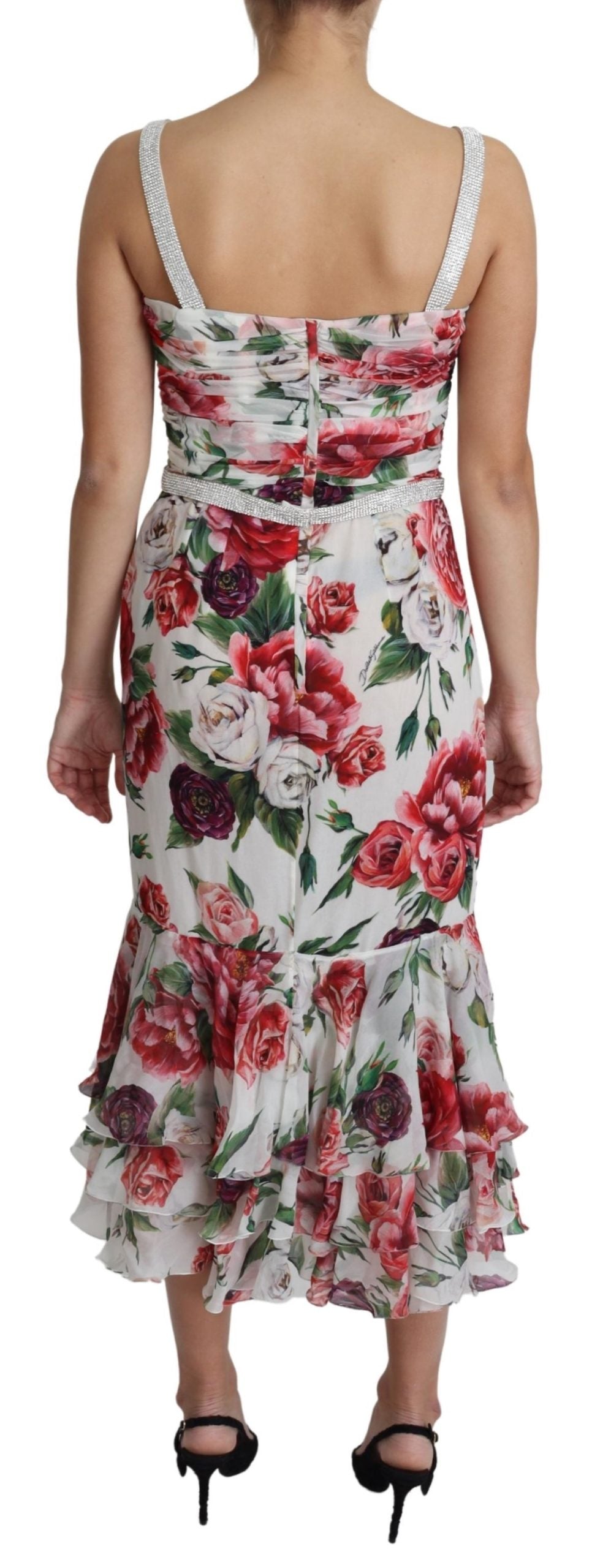 Weißes Pfingstrose Print Kristalle Chiffon Midikleid