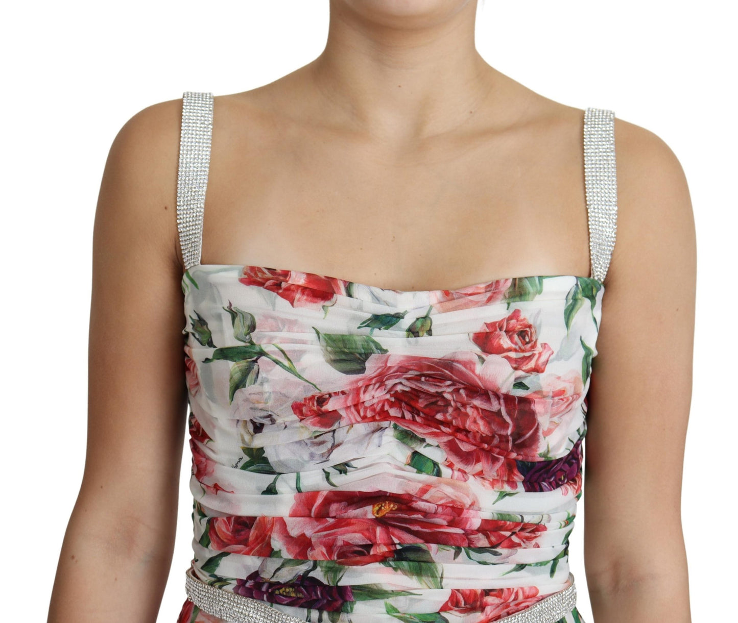 Weißes Pfingstrose Print Kristalle Chiffon Midikleid