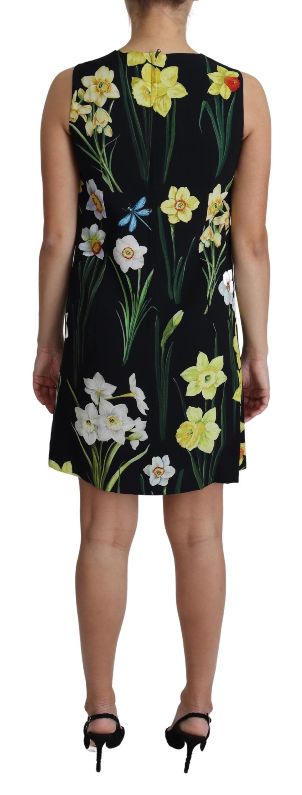 Schwarzes Minikleid mit Blumendruck in A-Linie