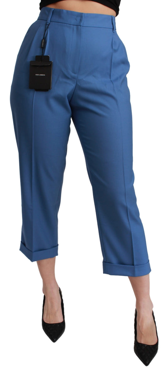 Blaue Faltenhose aus Wolle mit Bündchen und verkürzter Hose