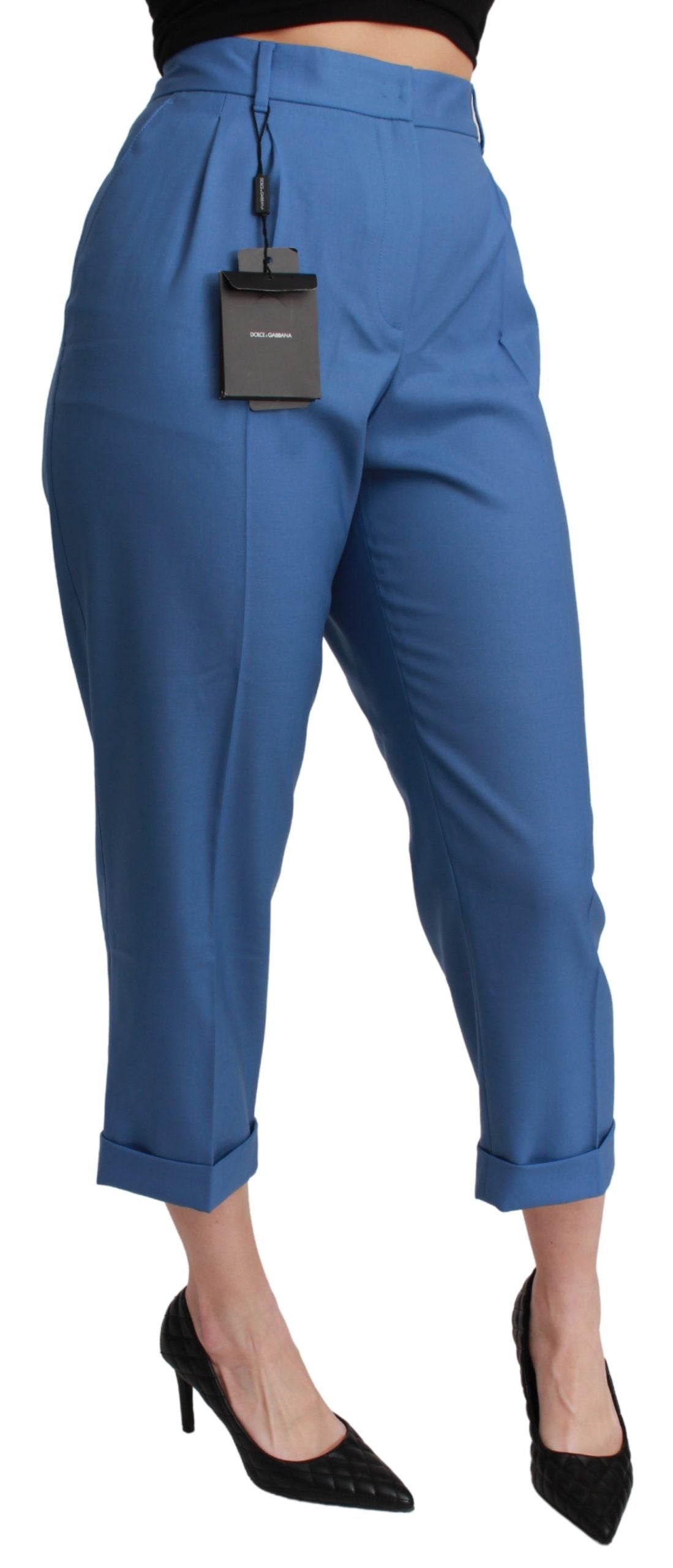 Blaue Faltenhose aus Wolle mit Bündchen und verkürzter Hose
