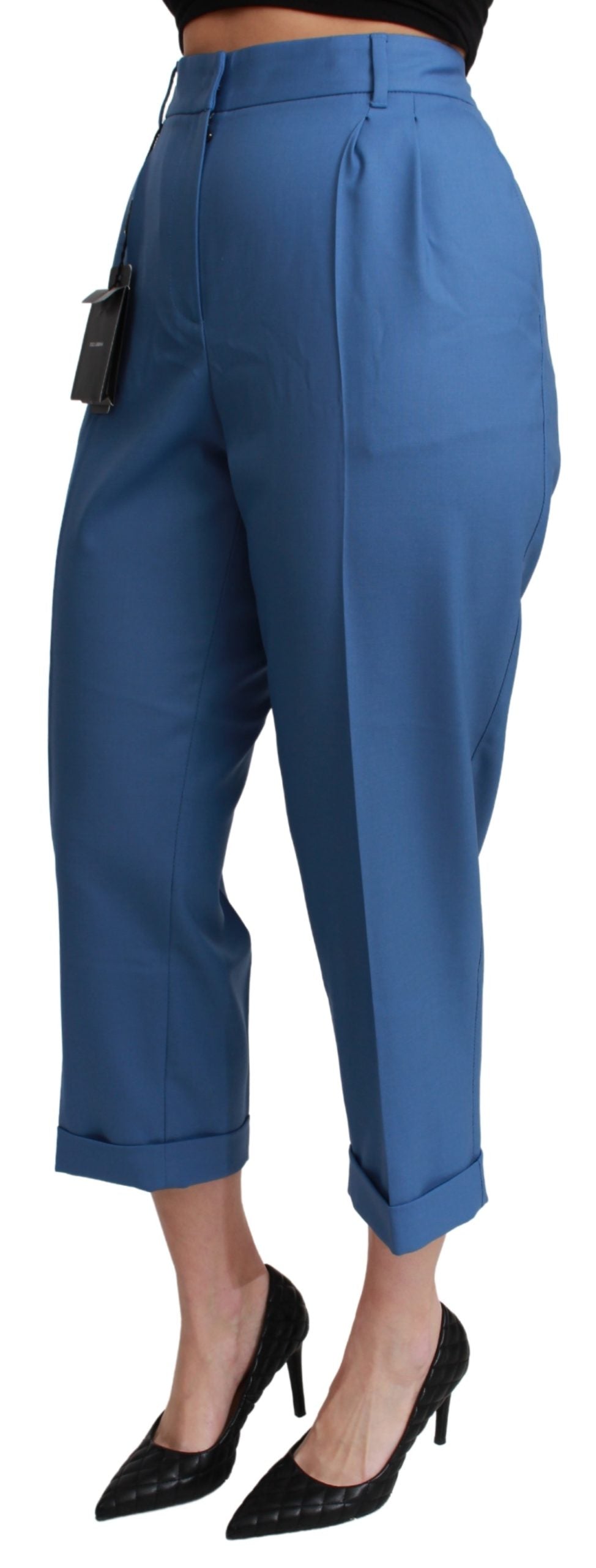 Blaue Faltenhose aus Wolle mit Bündchen und verkürzter Hose