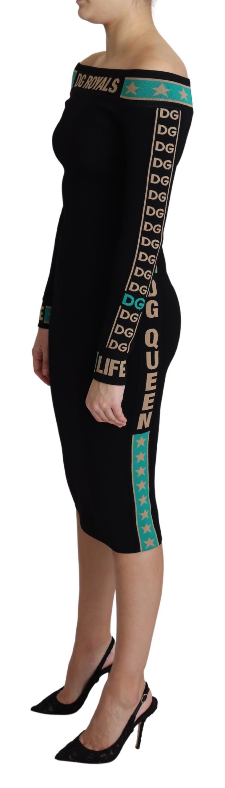 Schwarzes DG Royals Schulterfreies Etuikleid Midikleid