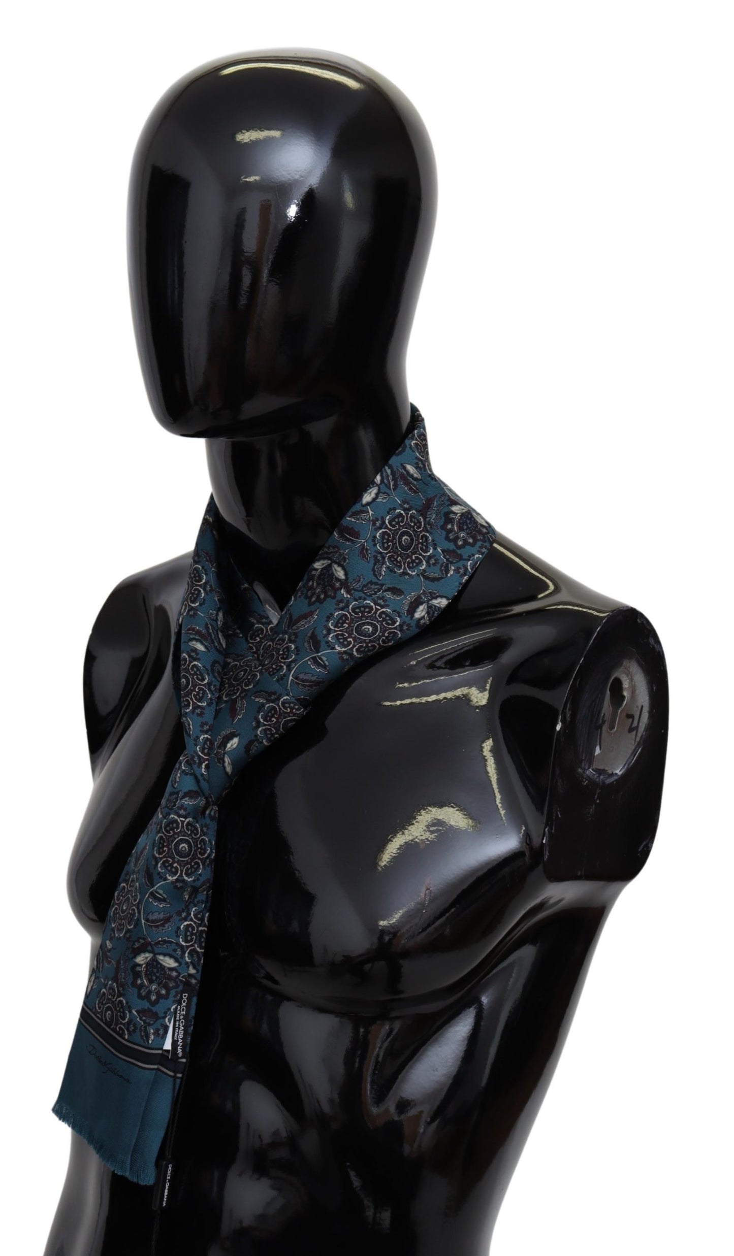 Blauer Floral Skinny Neck Wrap Finge Schal Seide