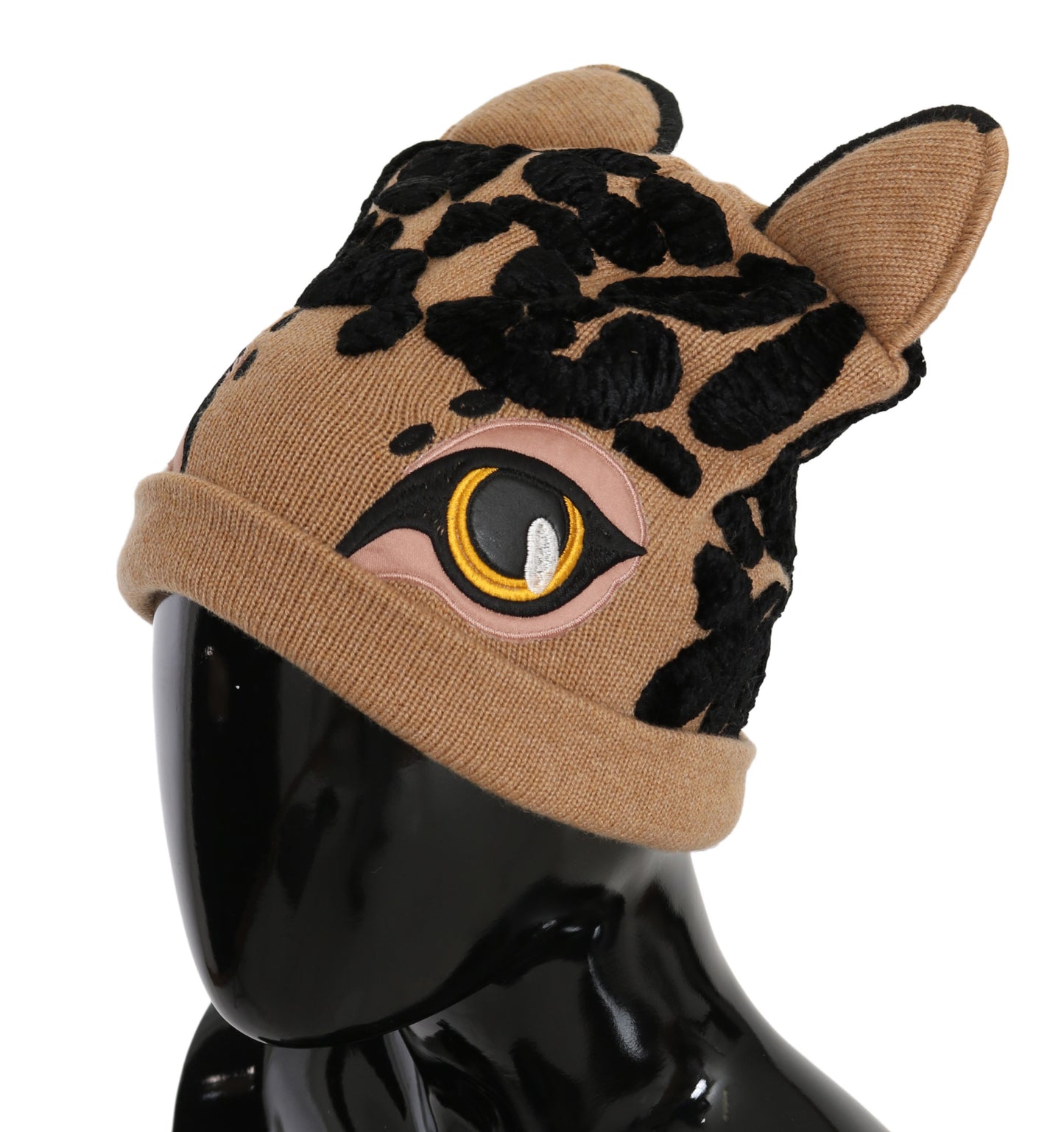 Braune Kaschmirstrickmütze mit Tiermotiv